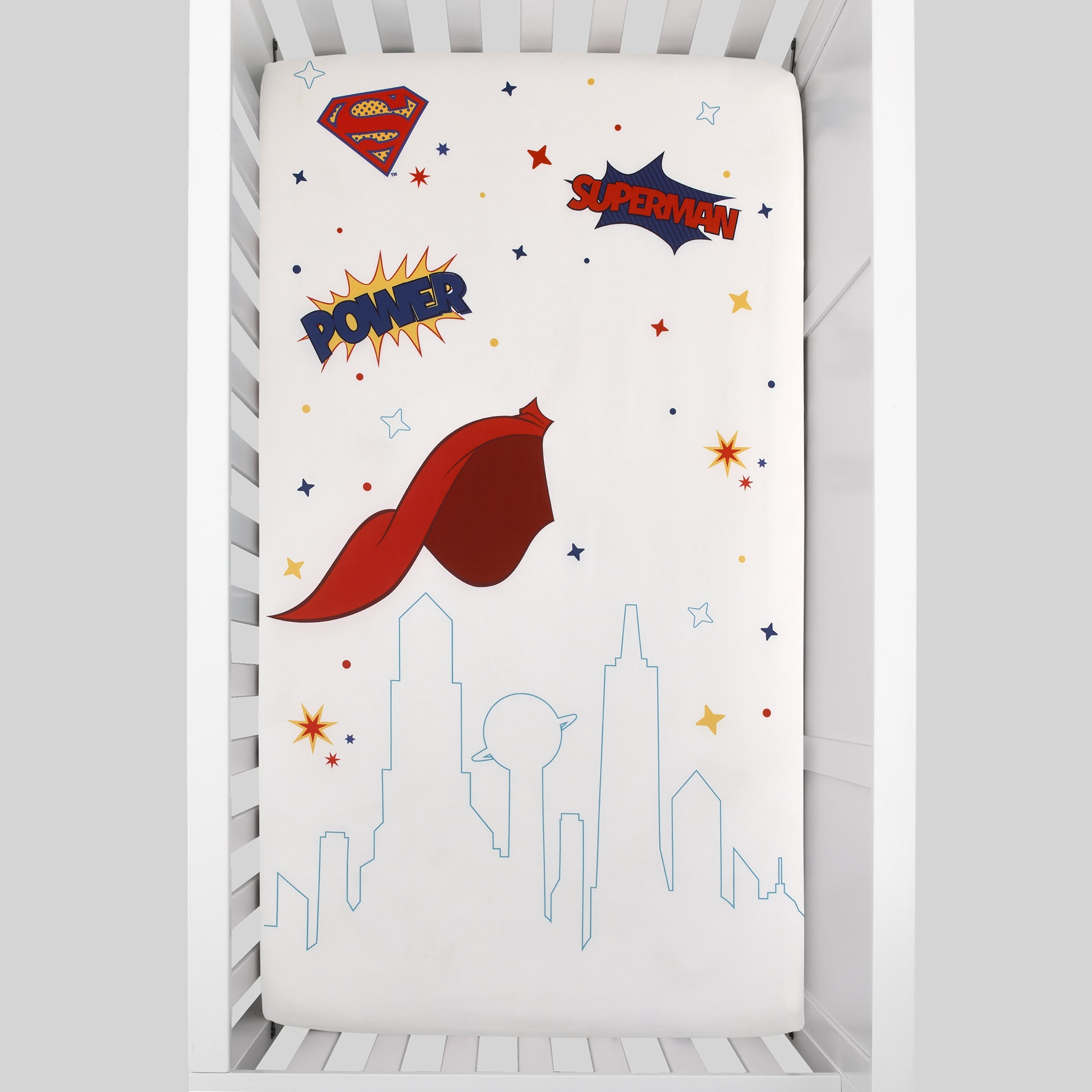 Superman White and Red Power, Icon, and Stars Photo Op Nursery Fitted Crib Sheet