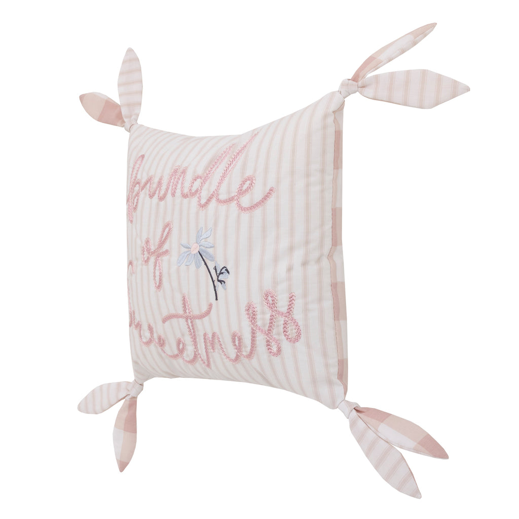Farmhouse Chic Pink and White Stripe "Bundle of Sweetness" Decorative Throw Pillow with Knotted Ties