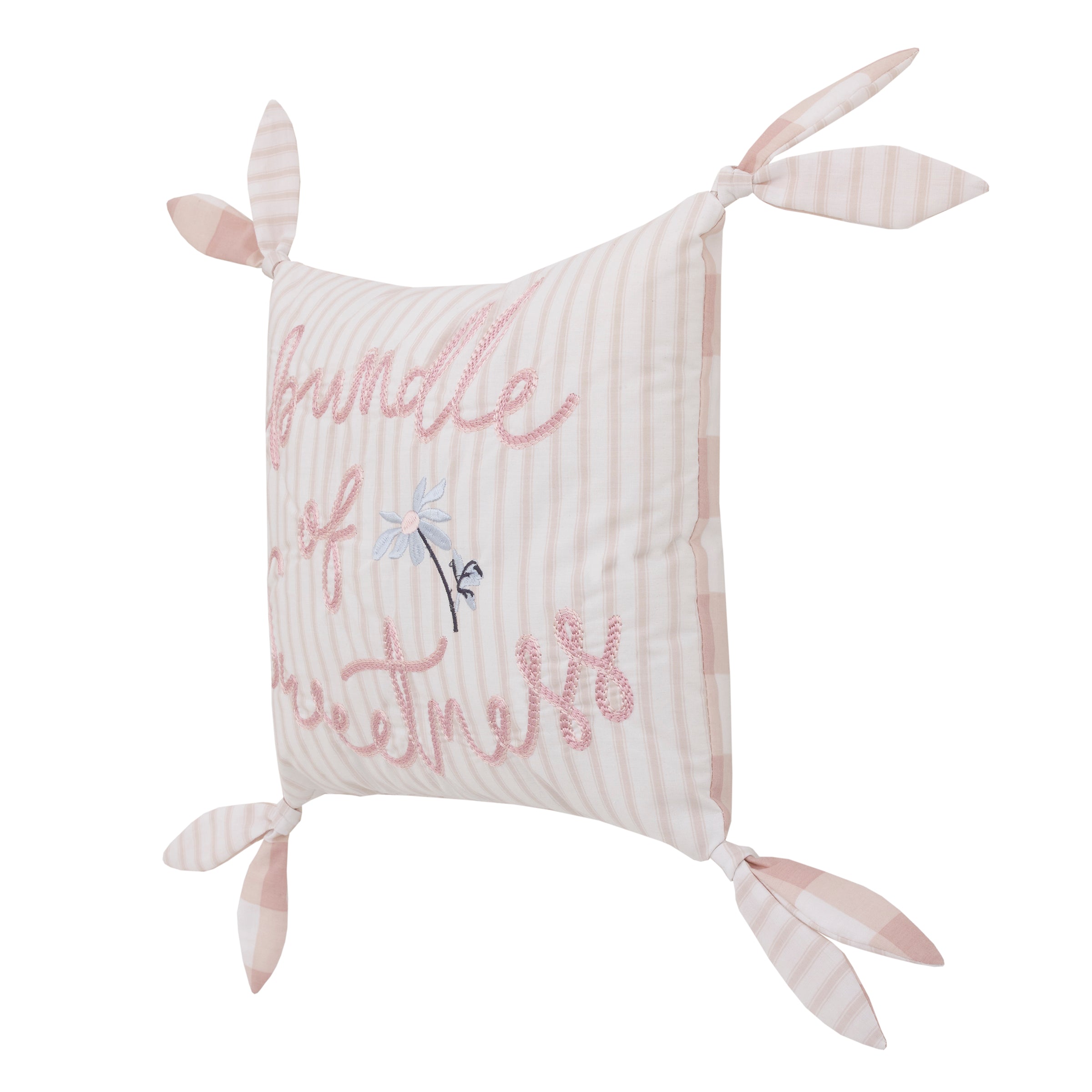 Farmhouse Chic Pink and White Stripe "Bundle of Sweetness" Decorative Throw Pillow with Knotted Ties