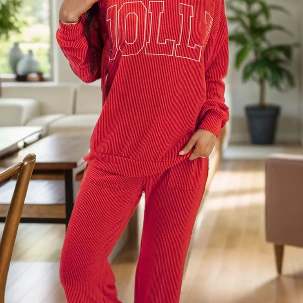 JOLLY Text Print Long Sleeve Top and Pants Lounge Set