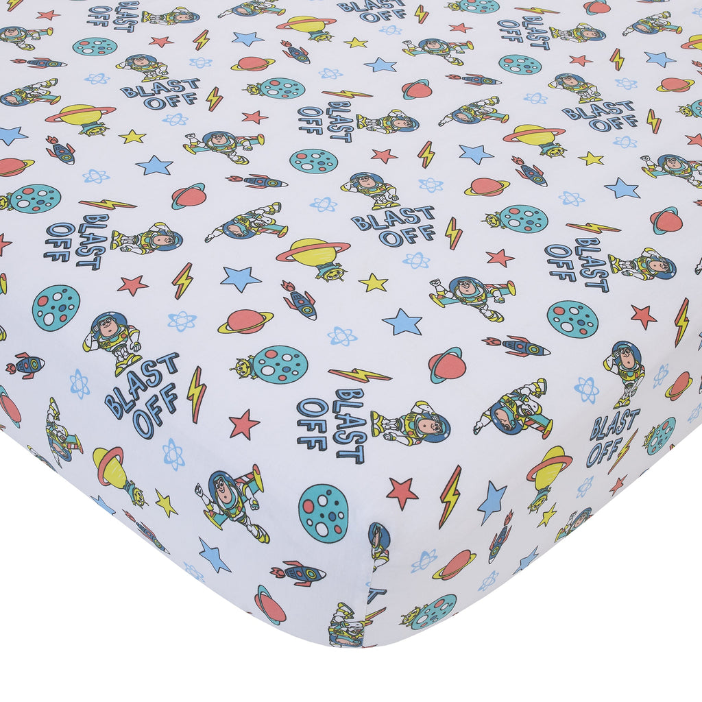 Toy Story Buzz Lightyear Blue, Orange, and Yellow Countdown to Blast-Off 3 Piece Nursery Crib Bedding Set - Comforter, 100% Cotton Fitted Crib Sheet and Crib Skirt