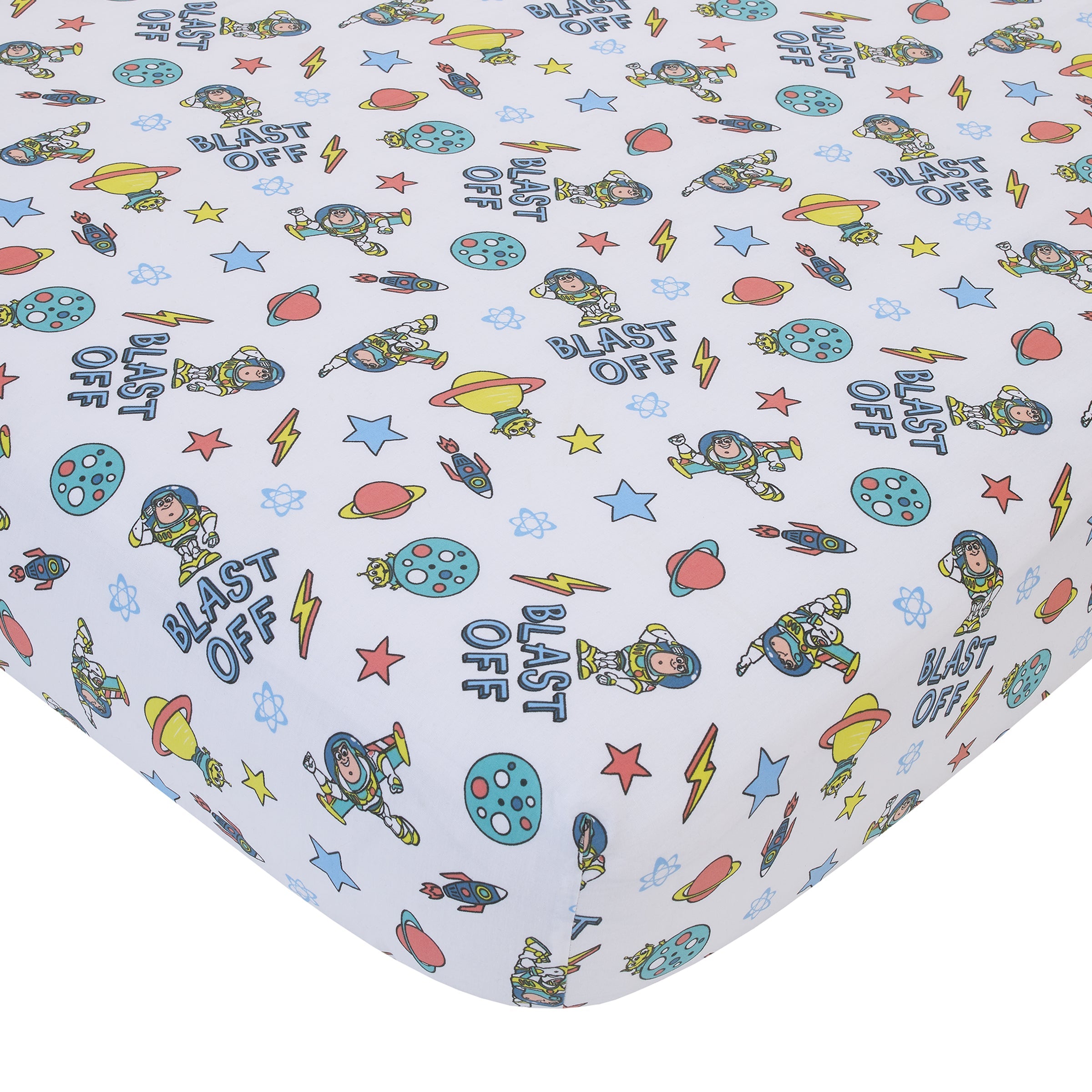 Toy Story Buzz Lightyear Blue, Orange, and Yellow Countdown to Blast-Off 3 Piece Nursery Crib Bedding Set - Comforter, 100% Cotton Fitted Crib Sheet and Crib Skirt