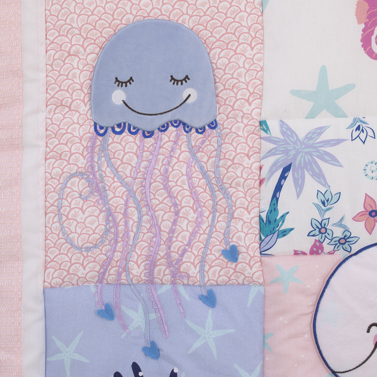 Mermaid Lagoon Pink, Blue and White Undersea Friends, Fish, Coral, Jellyfish and Starfish 4 Piece Nursery Crib Bedding Set - Comforter, 100% Cotton Fitted Crib Sheet, Crib Skirt, and Storage Caddy