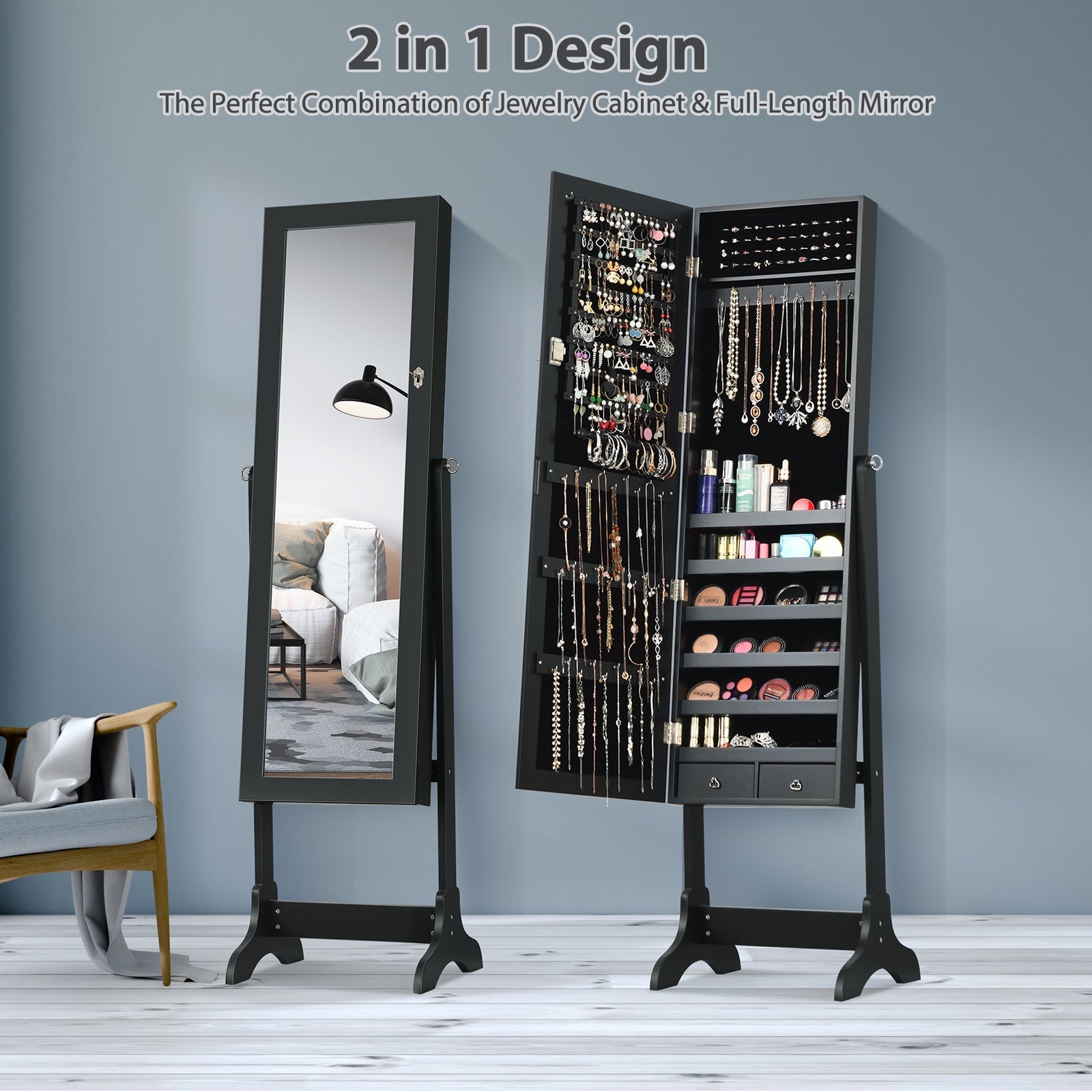 Lockable Mirrored Jewelry Cabinet Armoire Storage Organizer Box