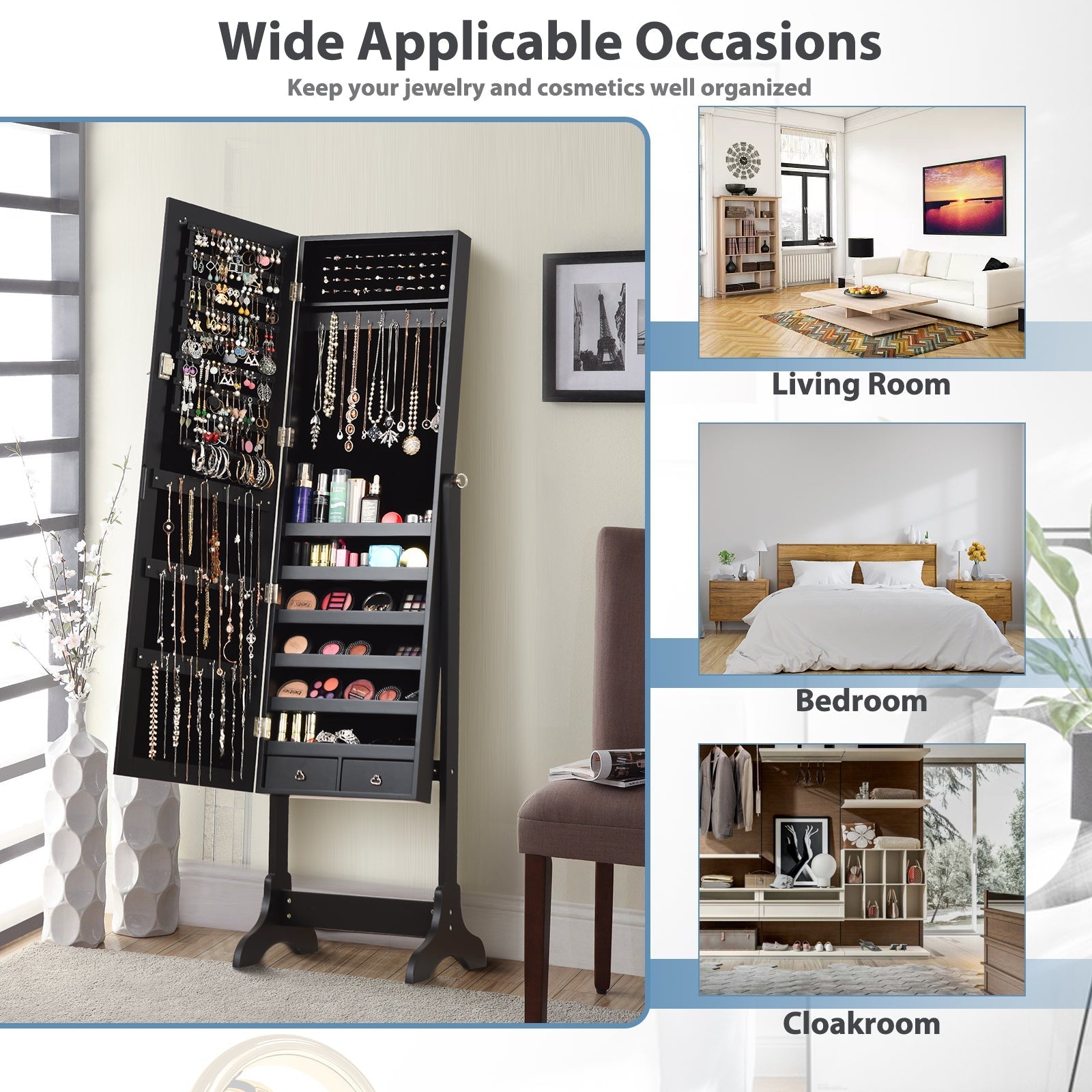 Lockable Mirrored Jewelry Cabinet Armoire Storage Organizer Box