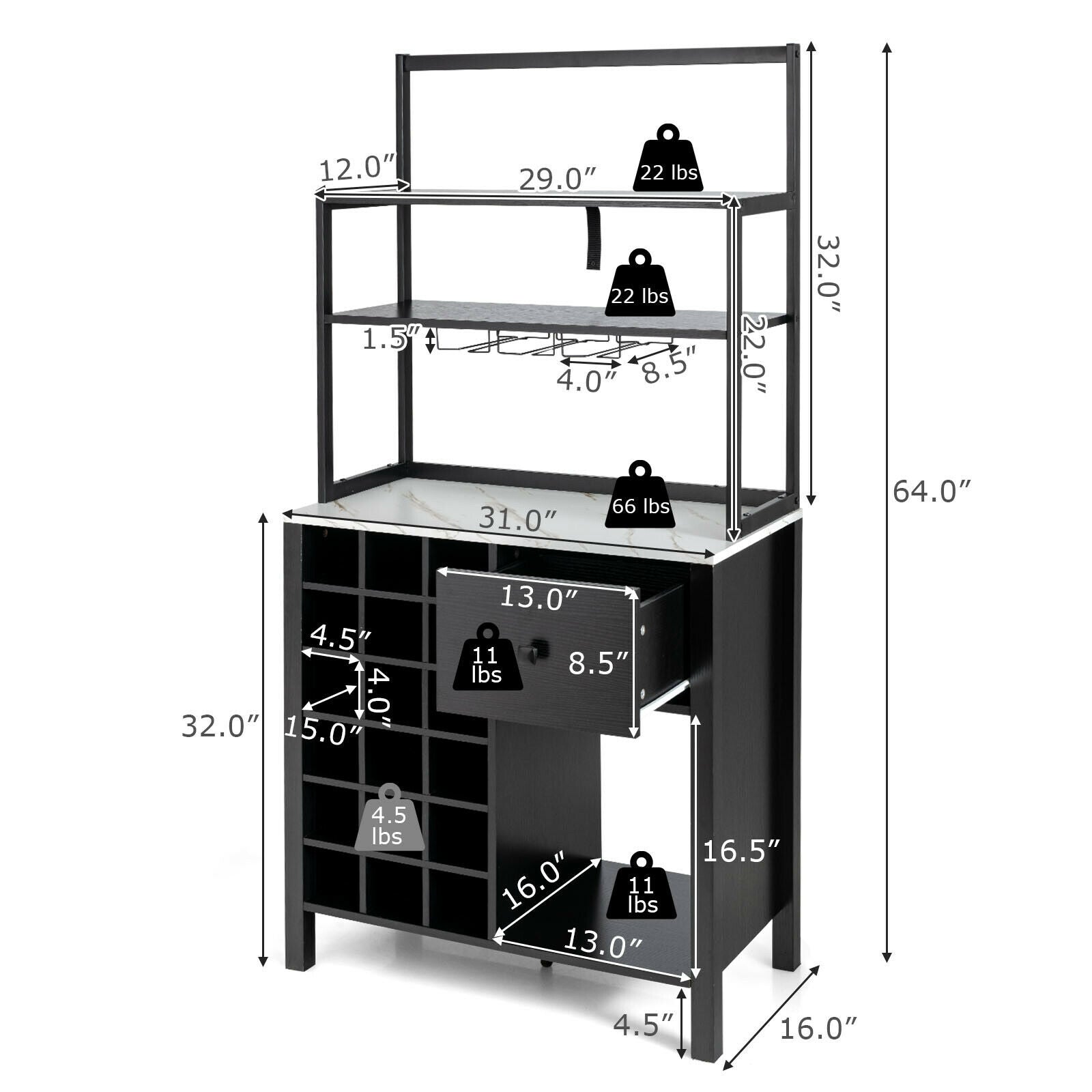 Kitchen Bakers Rack Freestanding Wine Rack Table with Glass Holder and Drawer