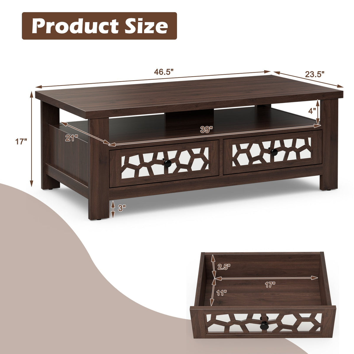3-tier Coffee Table with 2 Drawers and 5 Support Legs