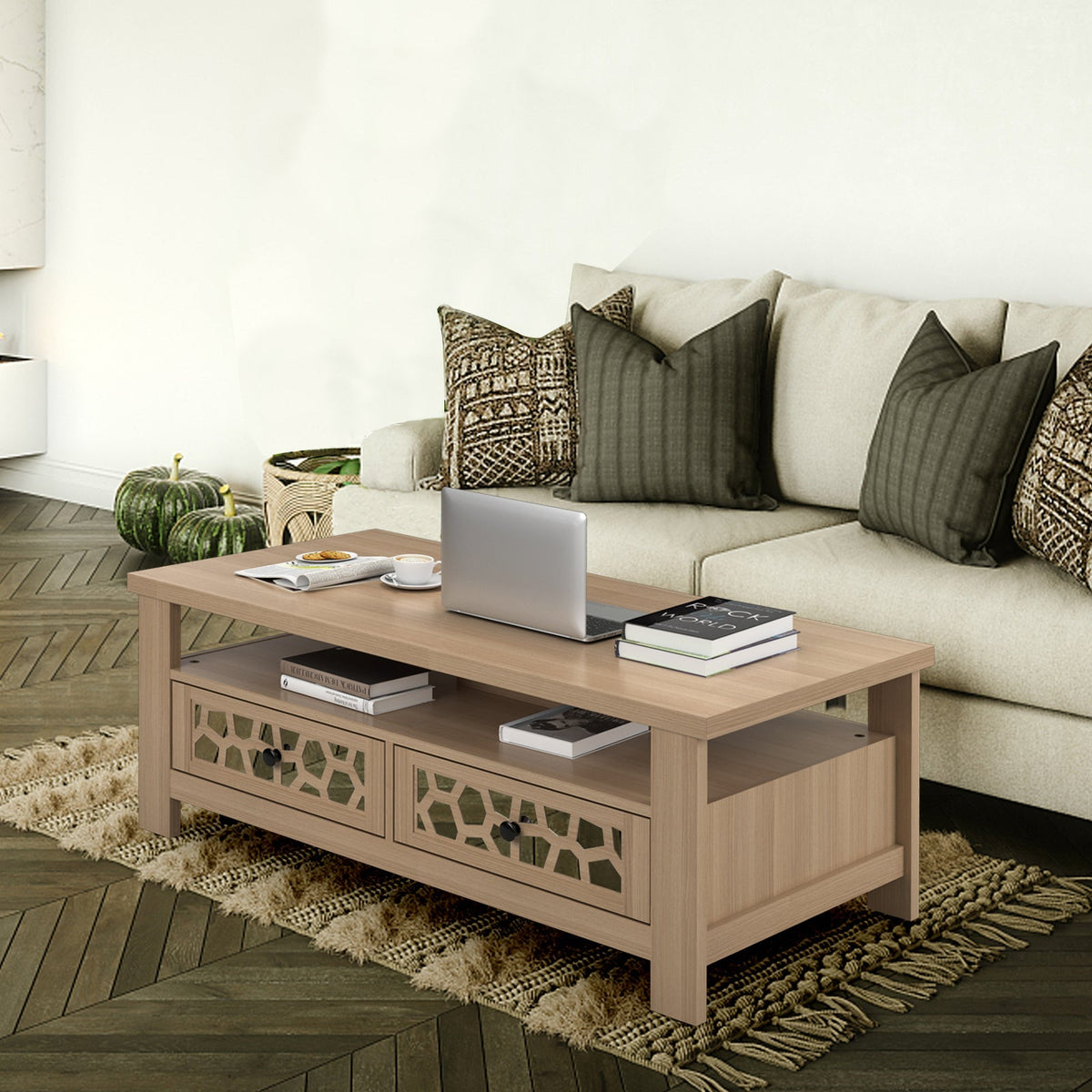 3-tier Coffee Table with 2 Drawers and 5 Support Legs