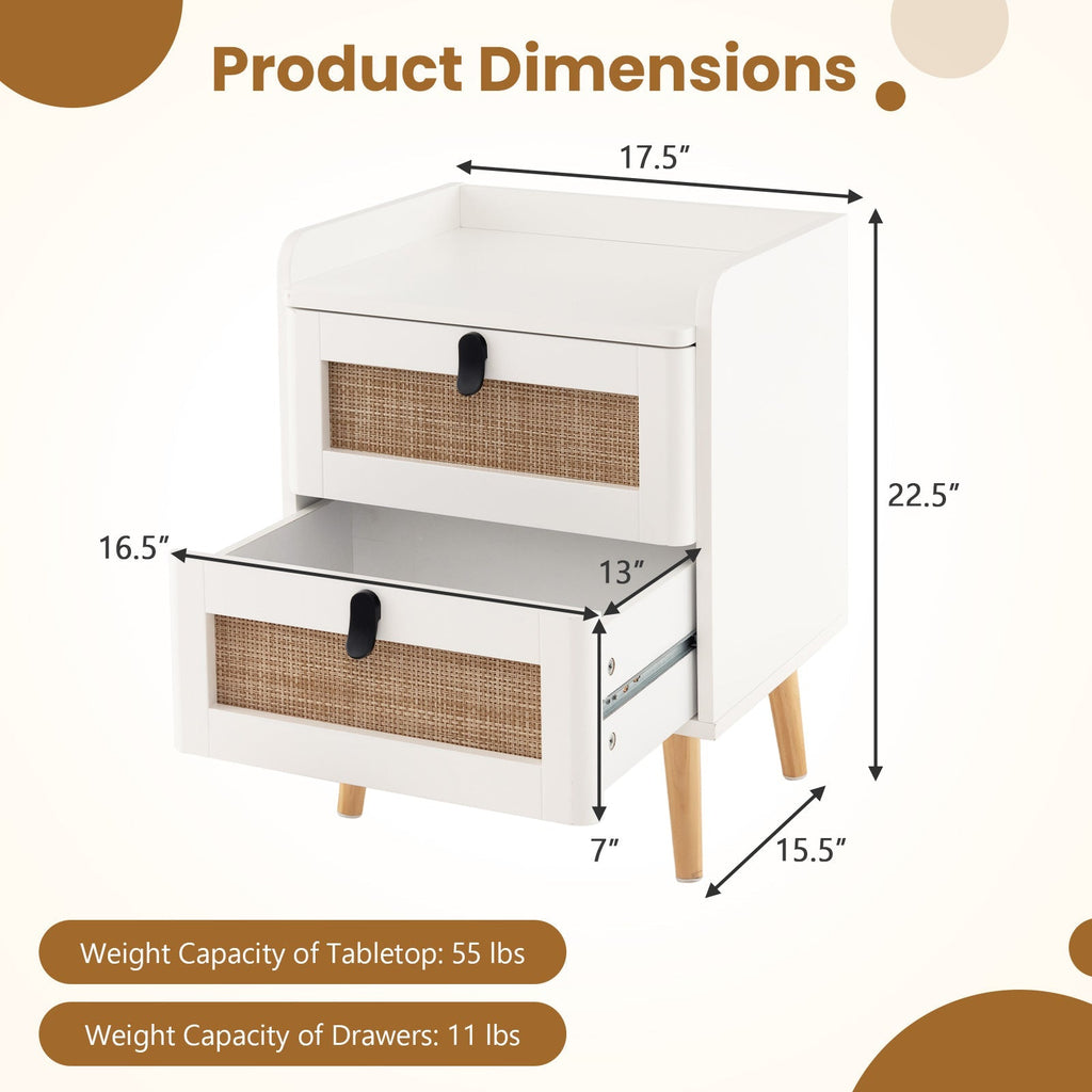 Modern End Table Bedside Table with 2 Rattan Decorated Drawers