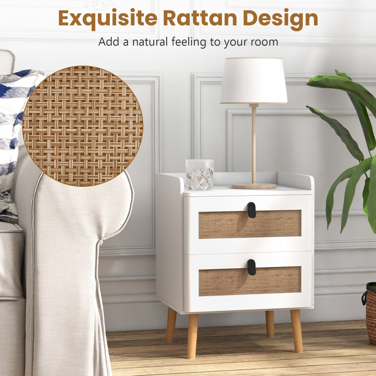 Modern End Table Bedside Table with 2 Rattan Decorated Drawers