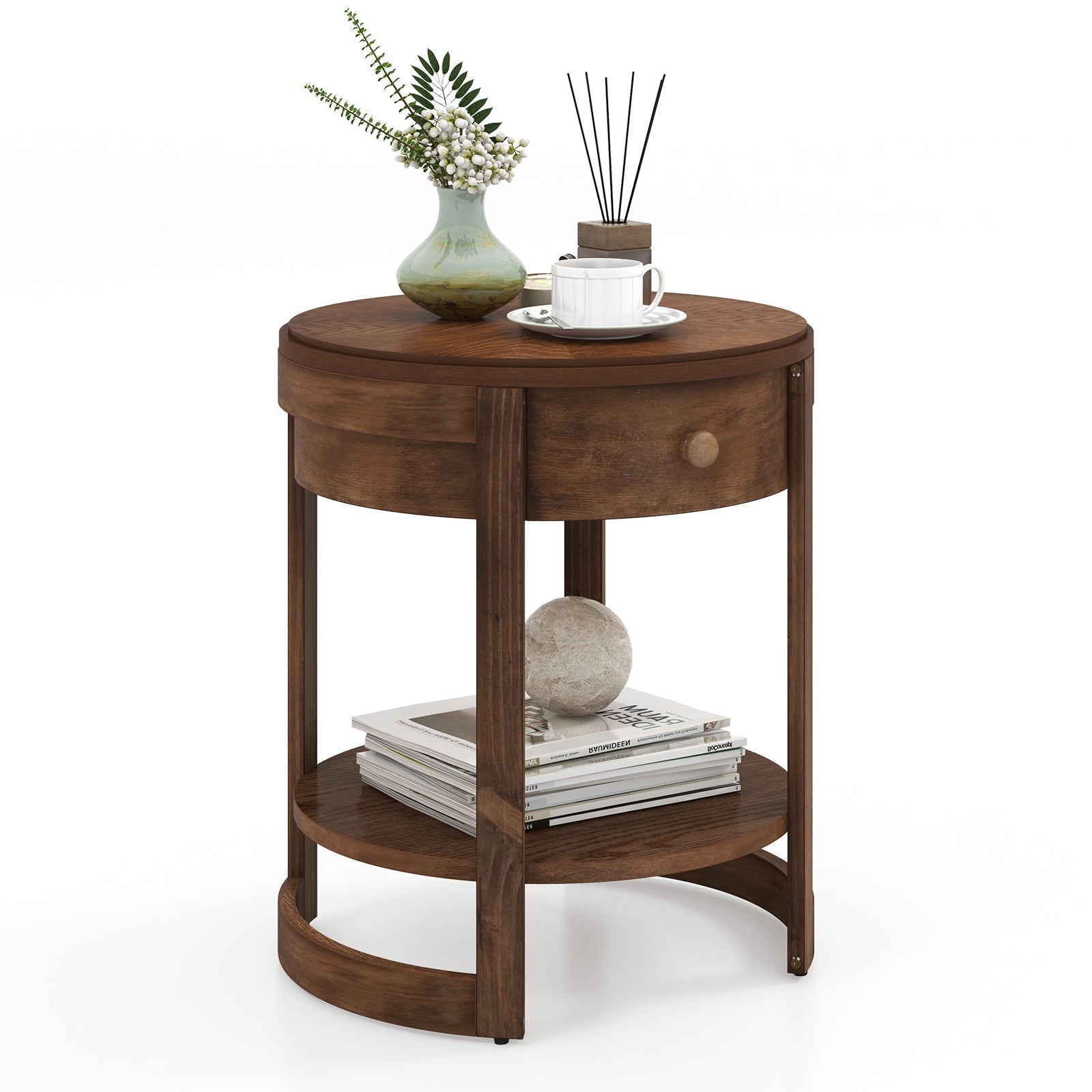 2-Tier Round End Table Mid Century Modern Nightstand with Drawer and Shelf