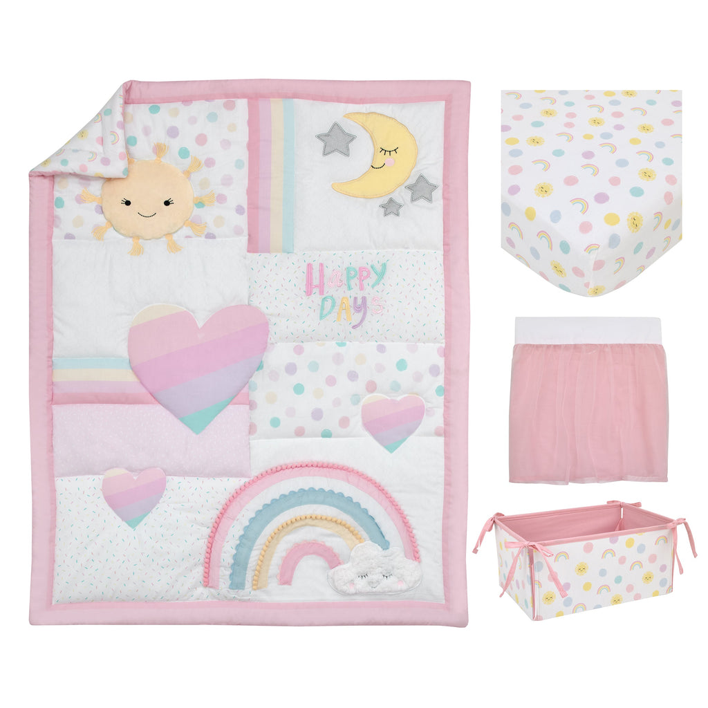 Happy Days Pink, White, and Yellow Rainbows and Sunshine 4 Piece Nursery Crib Bedding Set - Comforter, 100% Cotton Fitted Crib Sheet, Crib Skirt and Reversible Storage