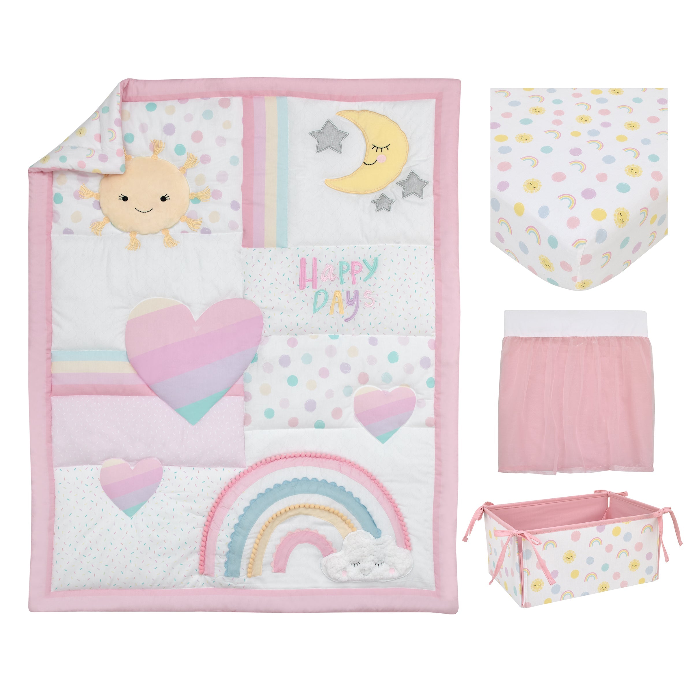 Happy Days Pink, White, and Yellow Rainbows and Sunshine 4 Piece Nursery Crib Bedding Set - Comforter, 100% Cotton Fitted Crib Sheet, Crib Skirt and Reversible Storage