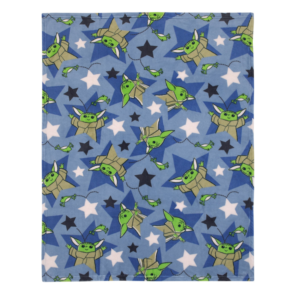 The Child Cutest in the Galaxy Blue, Green, and Gray, Grogu, Stars, and Hover Pod Super Soft Toddler Blanket