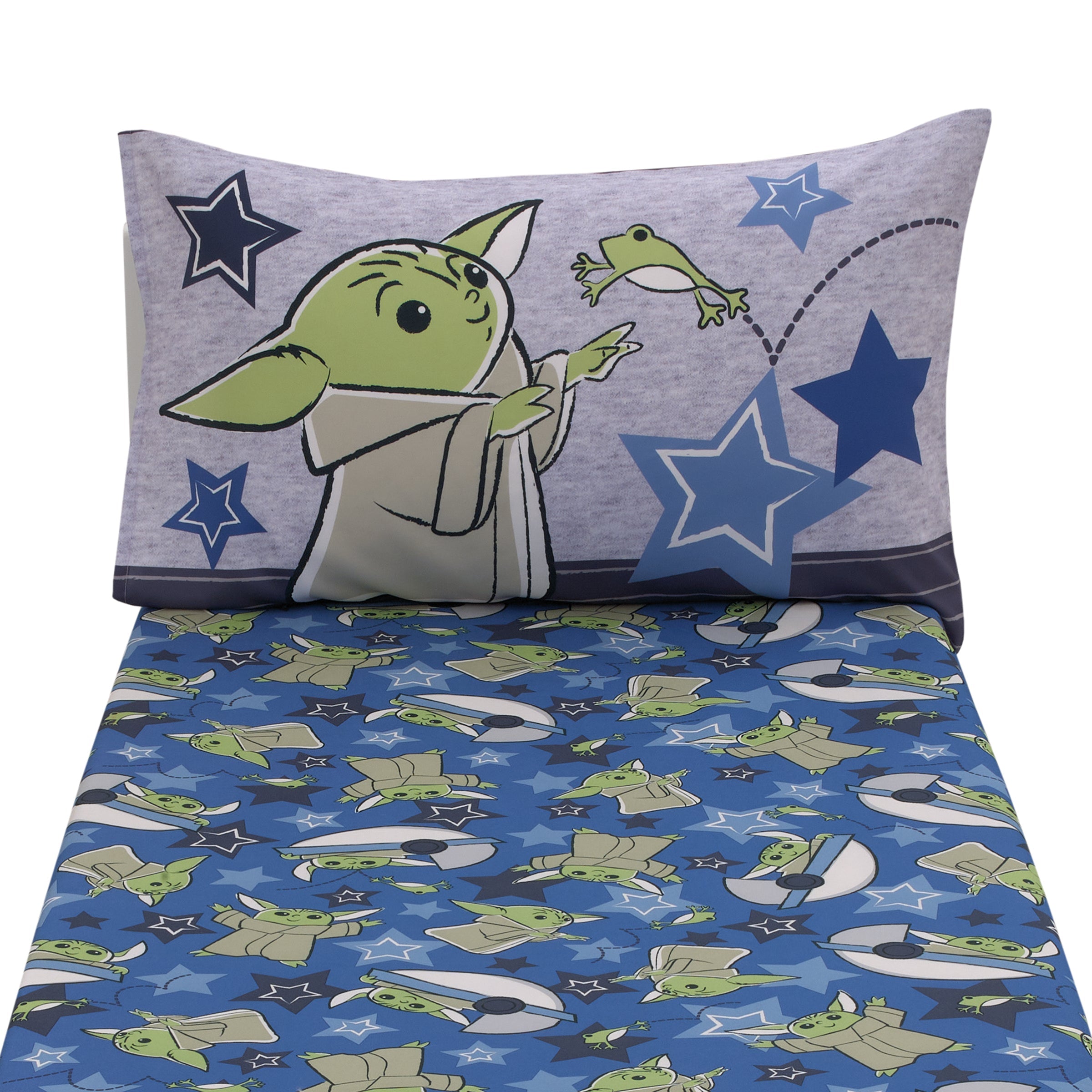 The Child Cutest in the Galaxy Blue, Green, and Gray Grogu and Hover Pod 2 Piece Toddler Sheet Set - Fitted Bottom Sheet and Reversible Pillowcase