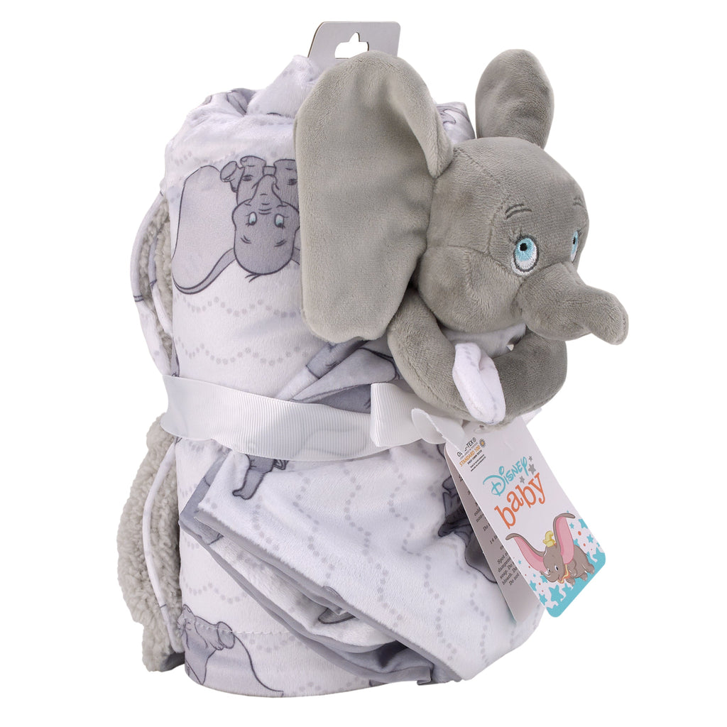 Dumbo Gray and White Super Soft Sherpa Baby Blanket and Security Blanket 2-Piece Gift Set
