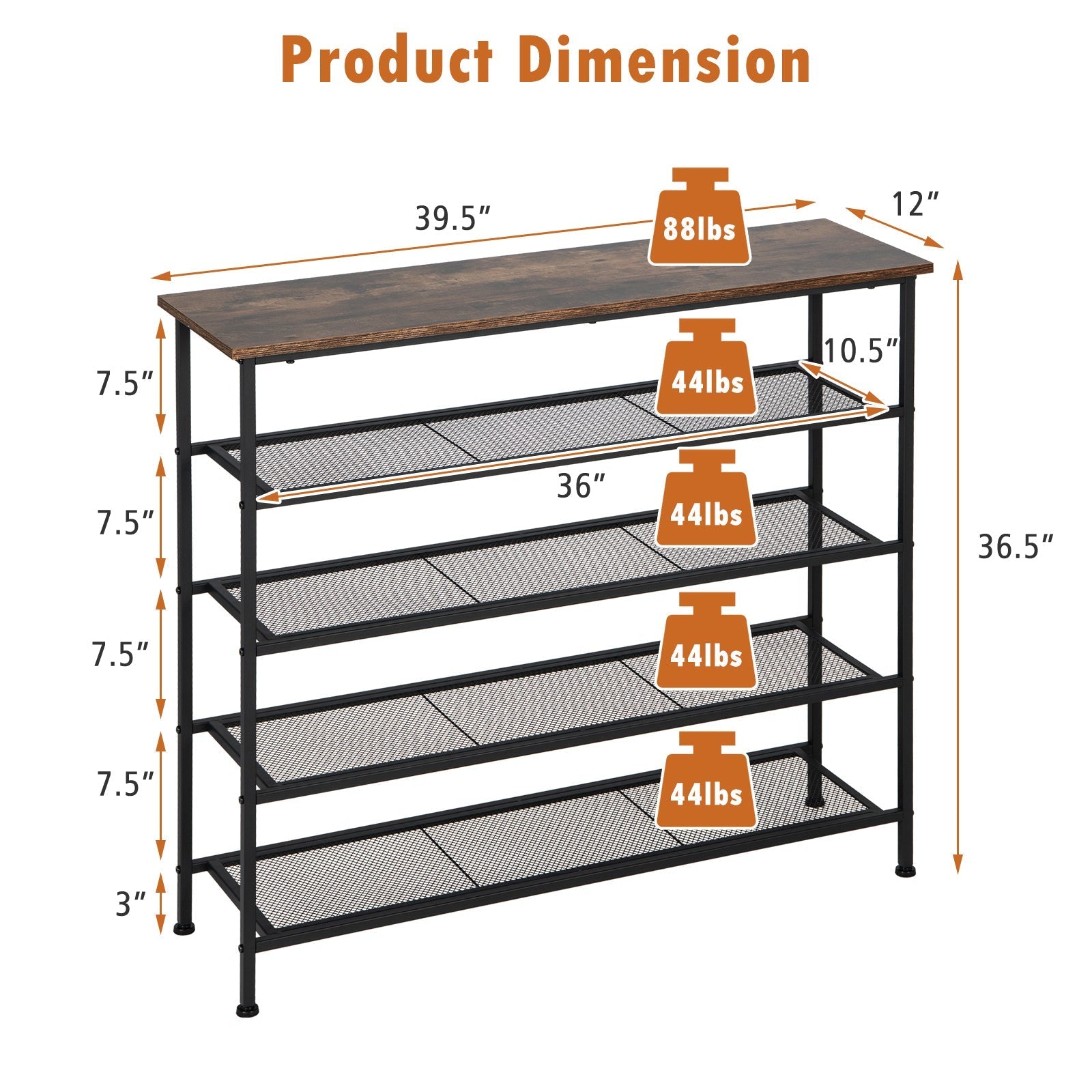 Industrial Adjustable 5-Tier Metal Shoe Rack with 4 Shelves for 16-20 Pairs