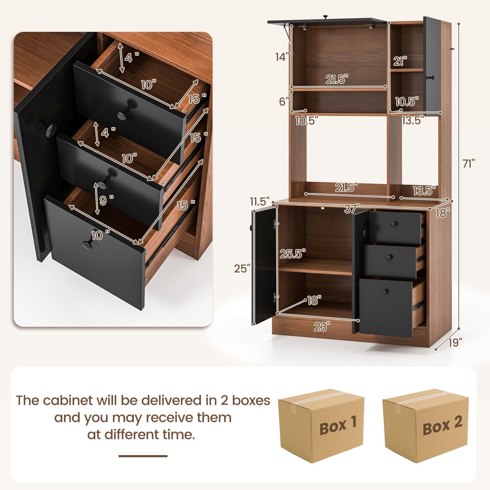 71 Inch Kitchen Pantry with 3 Storage Cabinet and 3 Deep Drawers