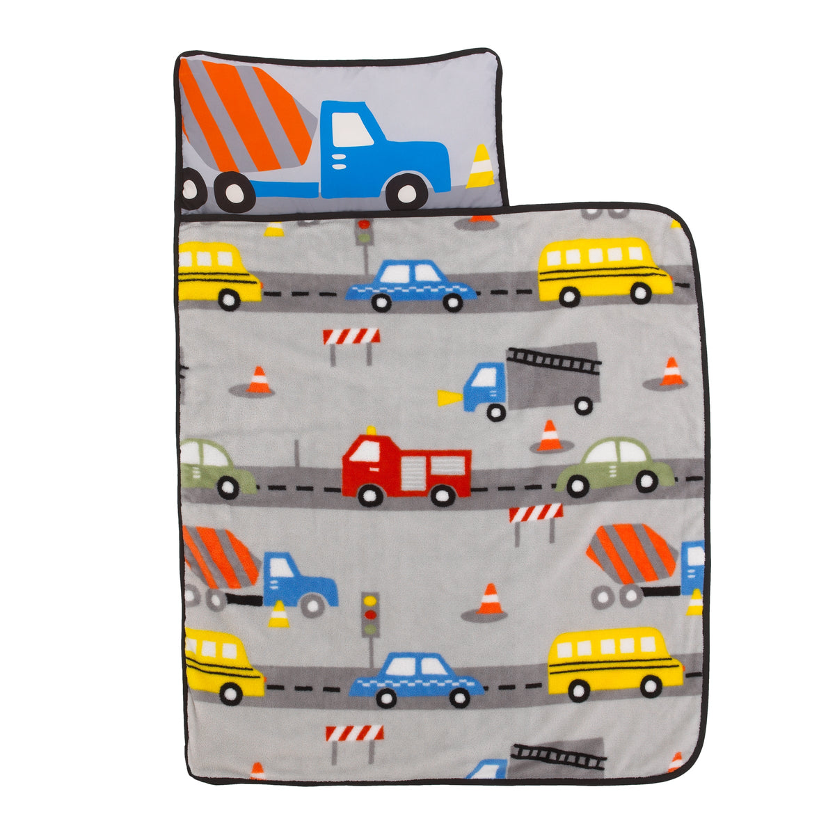 Grey, Red, Yellow and Blue Construction Toddler Nap Mat with Pillow and Blanket