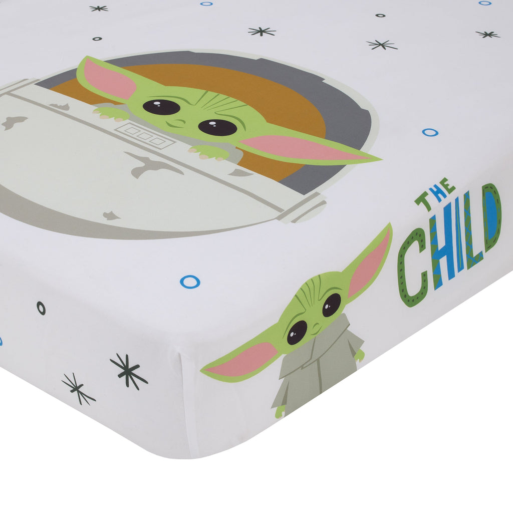 The Mandalorian Grogu, White, Green, and Blue Precious Cargo Photo Op Nursery Fitted Crib Sheet