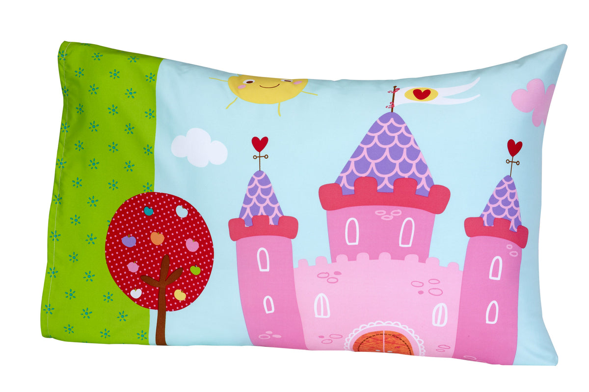 Everything Kids Fairytale Pink, Green and Teal, Castle, Frog, Flowers 4 Piece Toddler Bed Set - Comforter, Fitted Bottom Sheet, Flat Top Sheet, Reversible Pillowcase