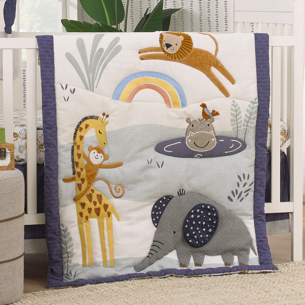 Wild Pals Navy, Gray, and Tan Safari Animals 4 Piece Nursery Crib Bedding Set - Comforter, 100% Cotton Fitted Crib Sheet, Crib Skirt and Nursery Organizer