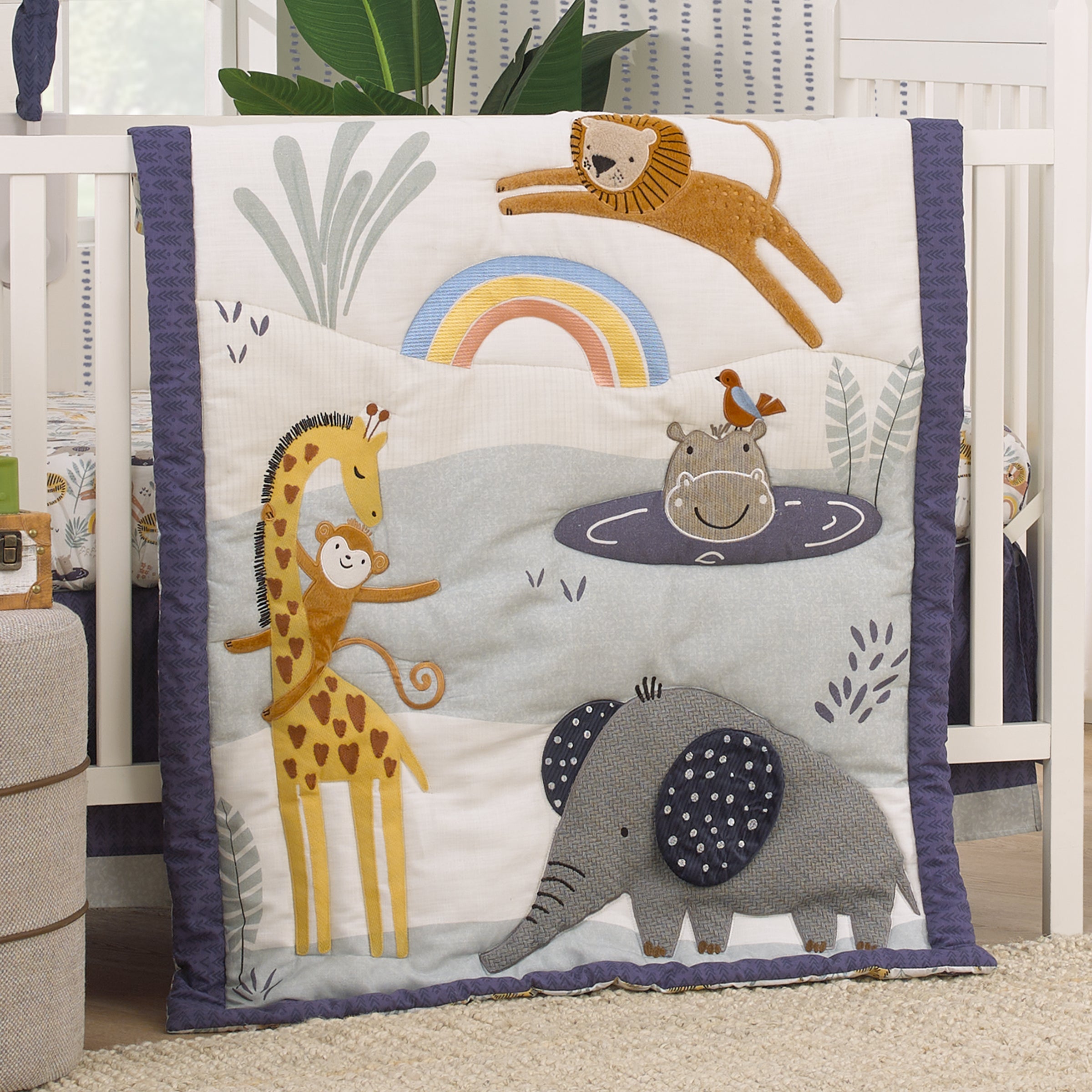 Wild Pals Navy, Gray, and Tan Safari Animals 4 Piece Nursery Crib Bedding Set - Comforter, 100% Cotton Fitted Crib Sheet, Crib Skirt and Nursery Organizer