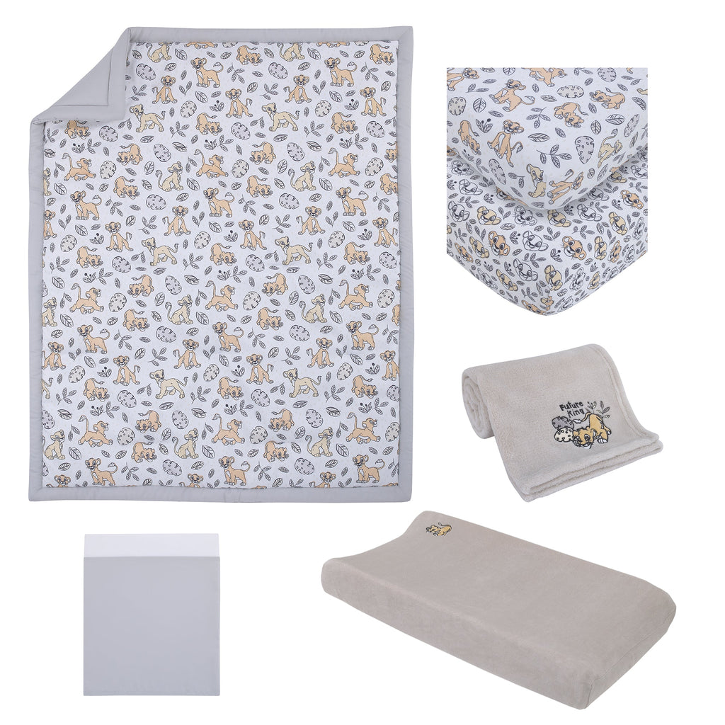 Lion King Daddy's Little Cub Grey, White and Tan Simba and Nala 6 Piece Nursery Crib Bedding Set - Comforter, Two Fitted Crib Sheets, Crib Skirt, Blanket and Changing Pad Cover