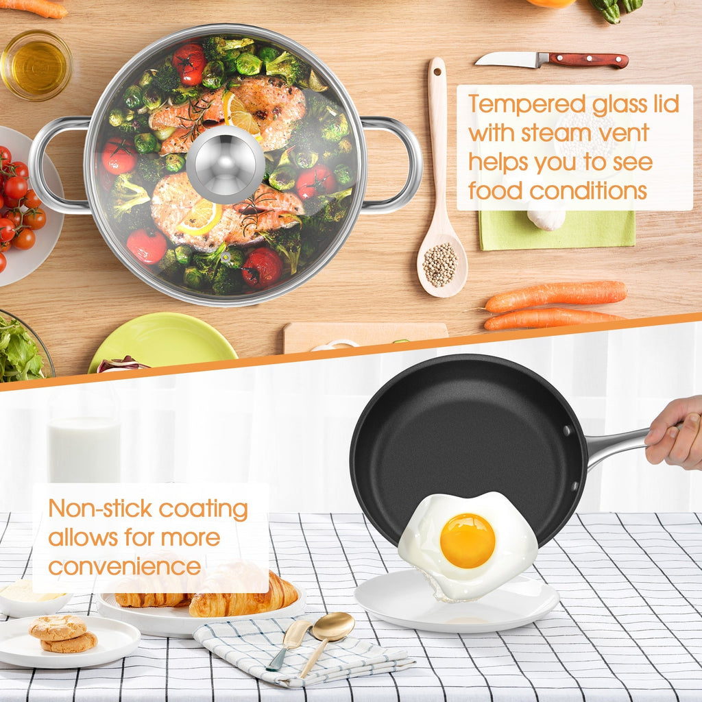 7-Piece Stainless Steel Cookware Set with Tempered Glass Lid-Silver