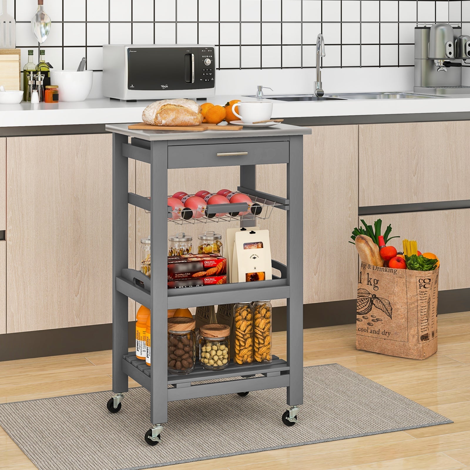 Kitchen Island Cart with Stainless Steel Tabletop and Basket