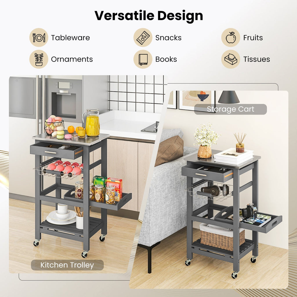 Kitchen Island Cart with Stainless Steel Tabletop and Basket