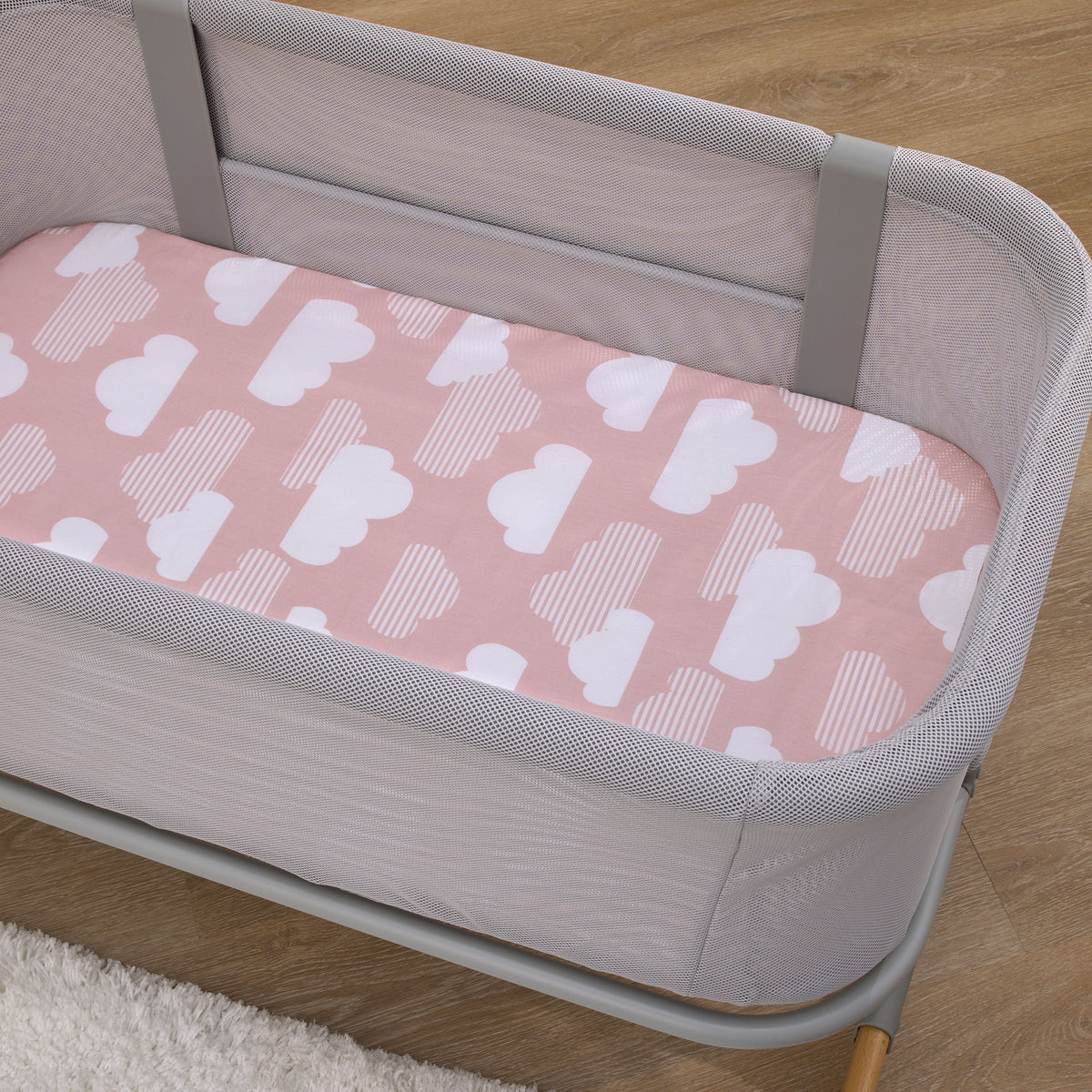 Cozy-Up 2-in-1 Bedside Sleeper Pink and White Clouds 100% Cotton Fitted Bassinet Sheet
