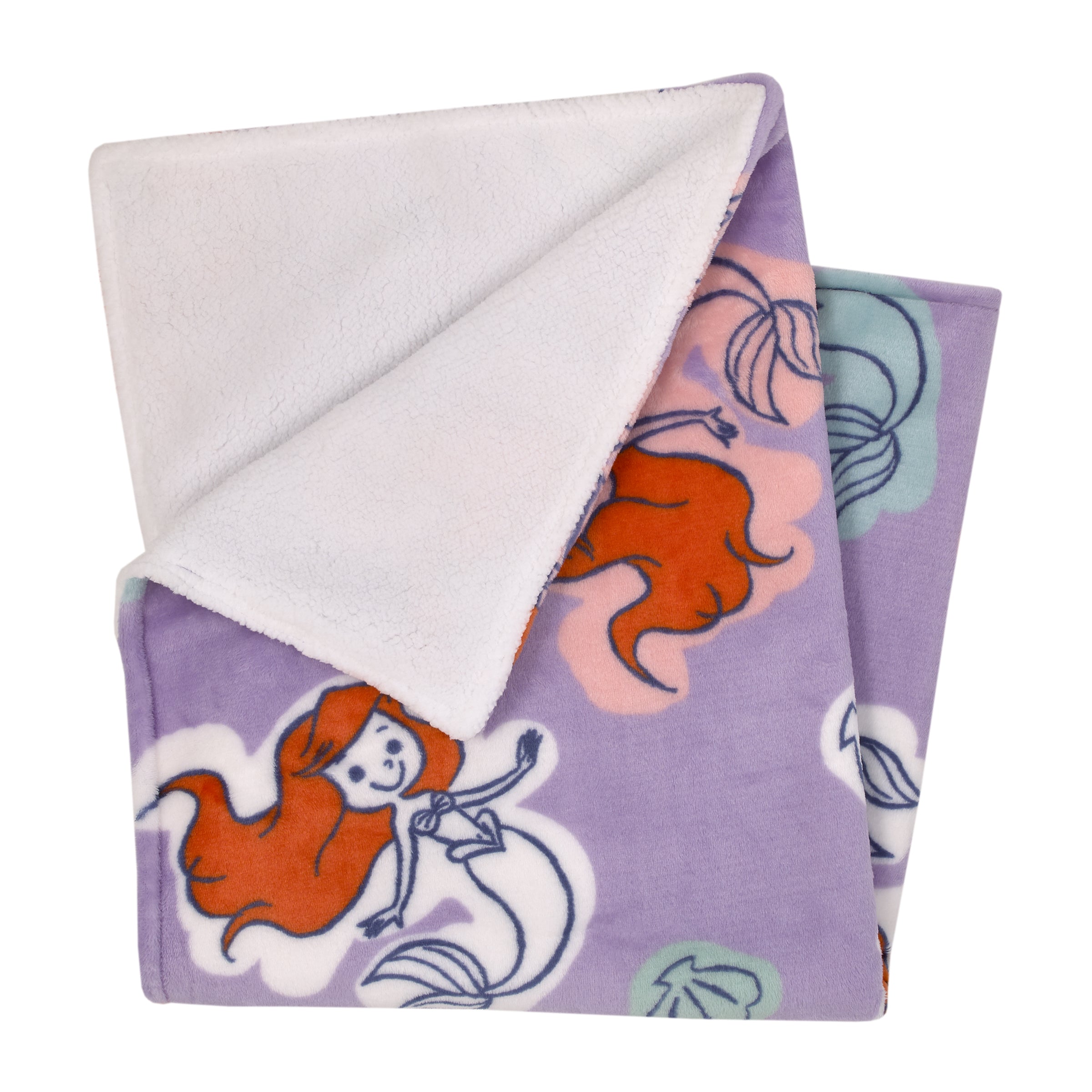 The Little Mermaid Orange, Lavender, Aqua and White Ariel Super Soft Sherpa Baby Blanket