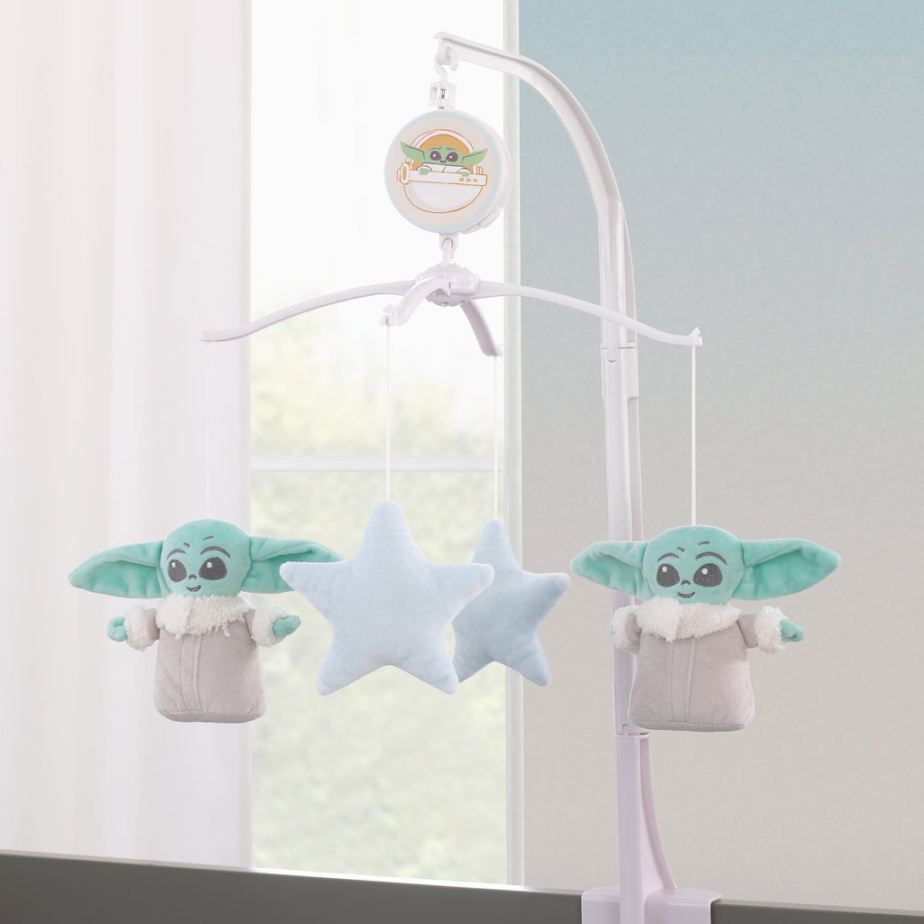 Grogu Cutest in the Galaxy Cream, Green, and Light Blue Stars Plush Musical Mobile