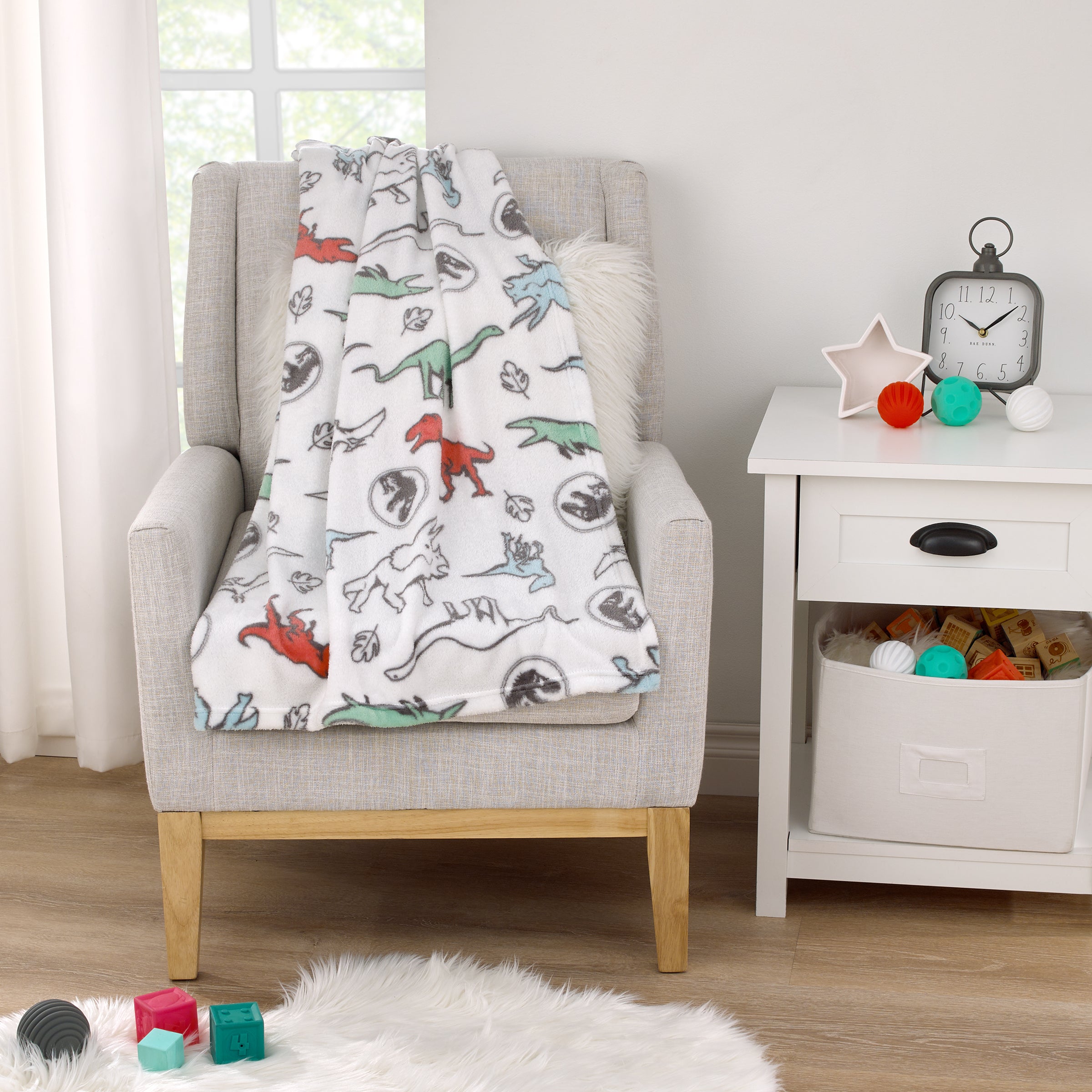 Jurassic World White, Blue, Red and Green Dinosaur Super Soft Baby Blanket