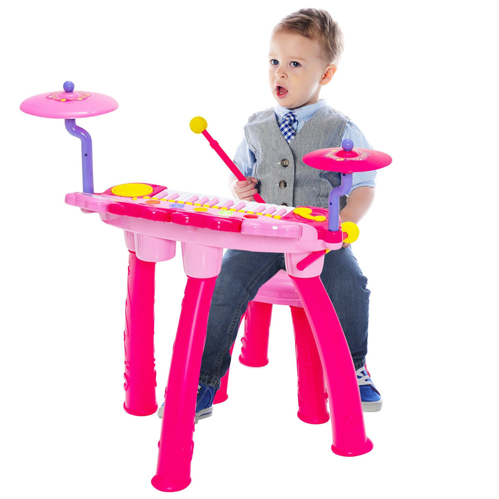2-in-1 Kids Electronic Drum and Keyboard Set with Stool