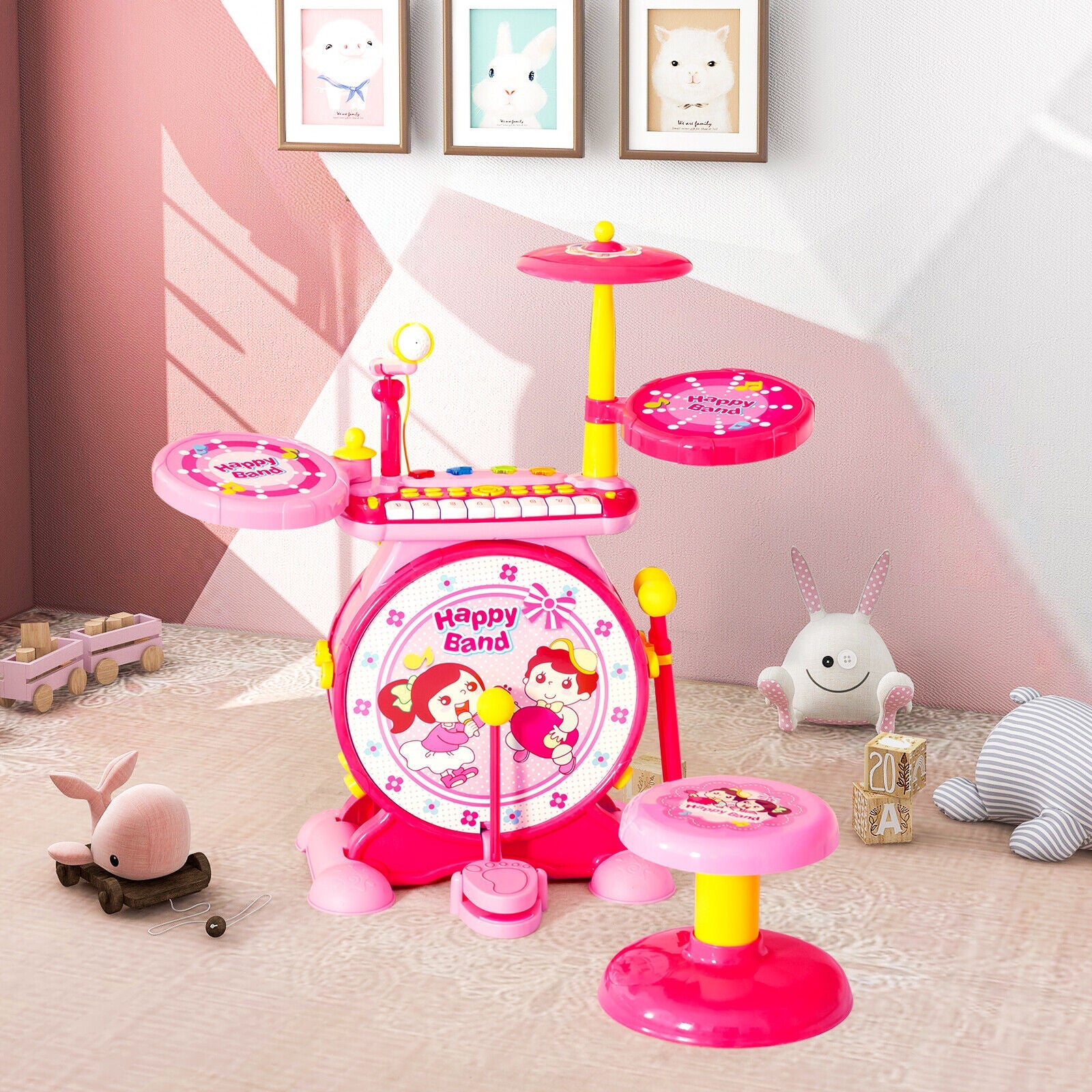 2-in-1 Kids Electronic Drum and Keyboard Set with Stool