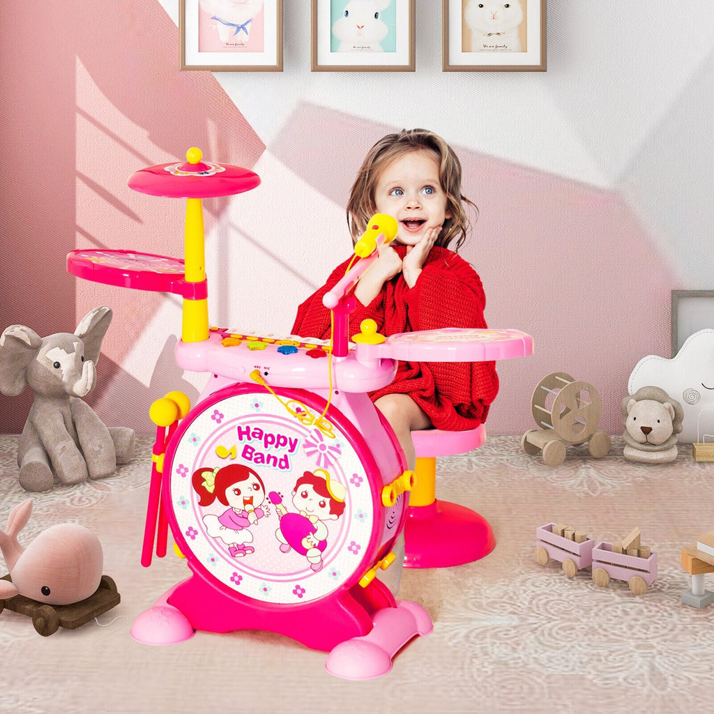 2-in-1 Kids Electronic Drum and Keyboard Set with Stool