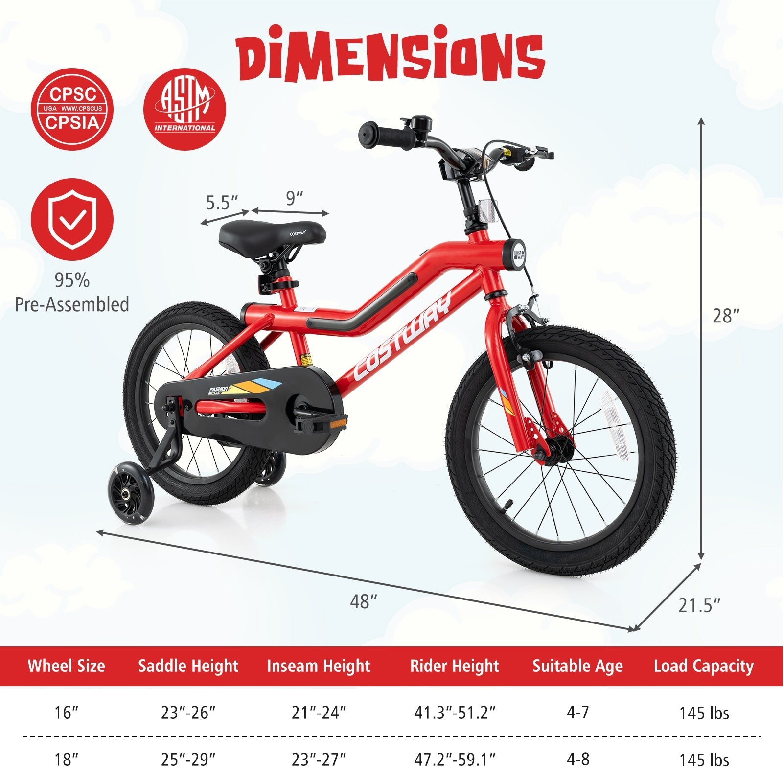 18 Inch Kids Bike with LED Lights Adjustable Carbon Steel Bicycle for 4-8 Years Old-18 inches