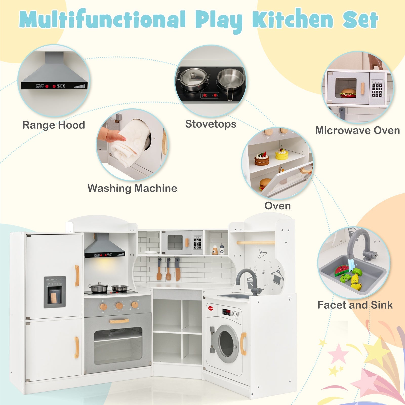 Corner Kids Play Kitchen with Washing Machine and Ice Maker Gift for Boys Girls