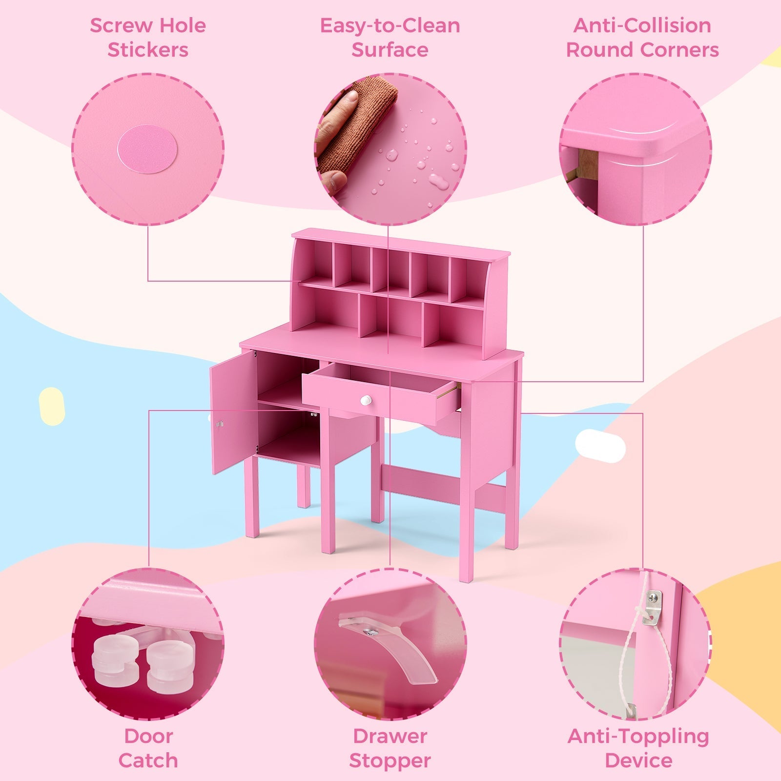 Kids Study Desk and Chair Set with Chair Hutch and Storage Cabinet for 3+ Years Old