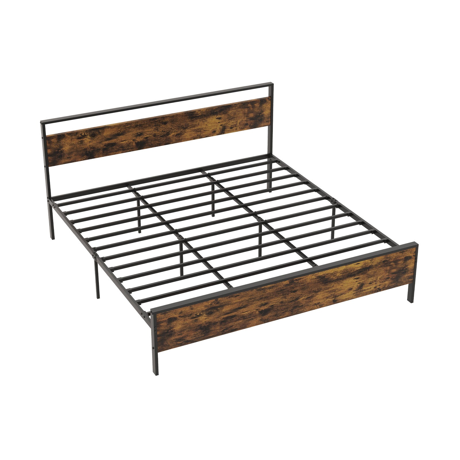 King Metal Bed Frame Industrial Platform Bed with Wooden Headboard