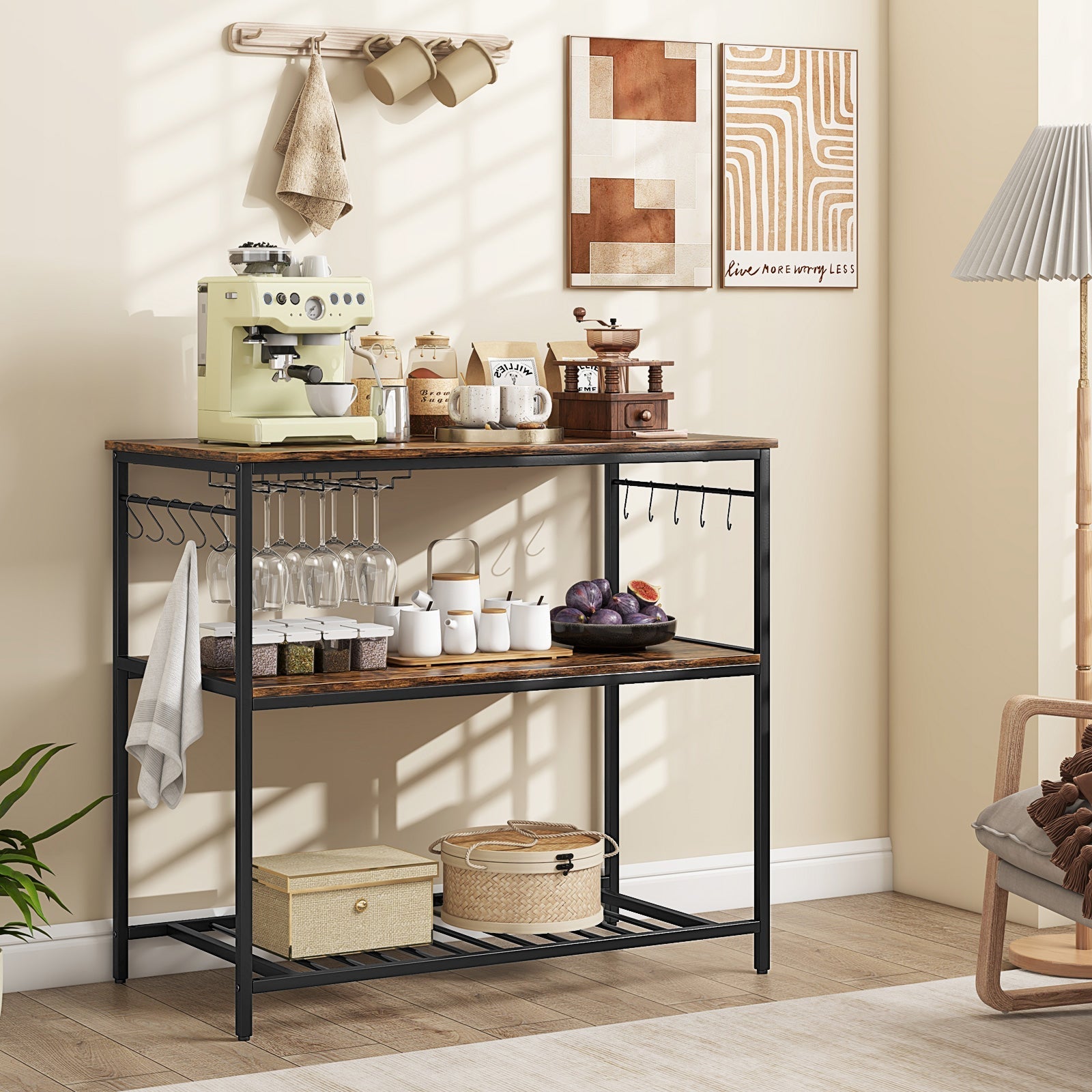 3 Shelves Kitchen Island Industrial Prep Table with Bottom Wine Rack-Rustic Brown