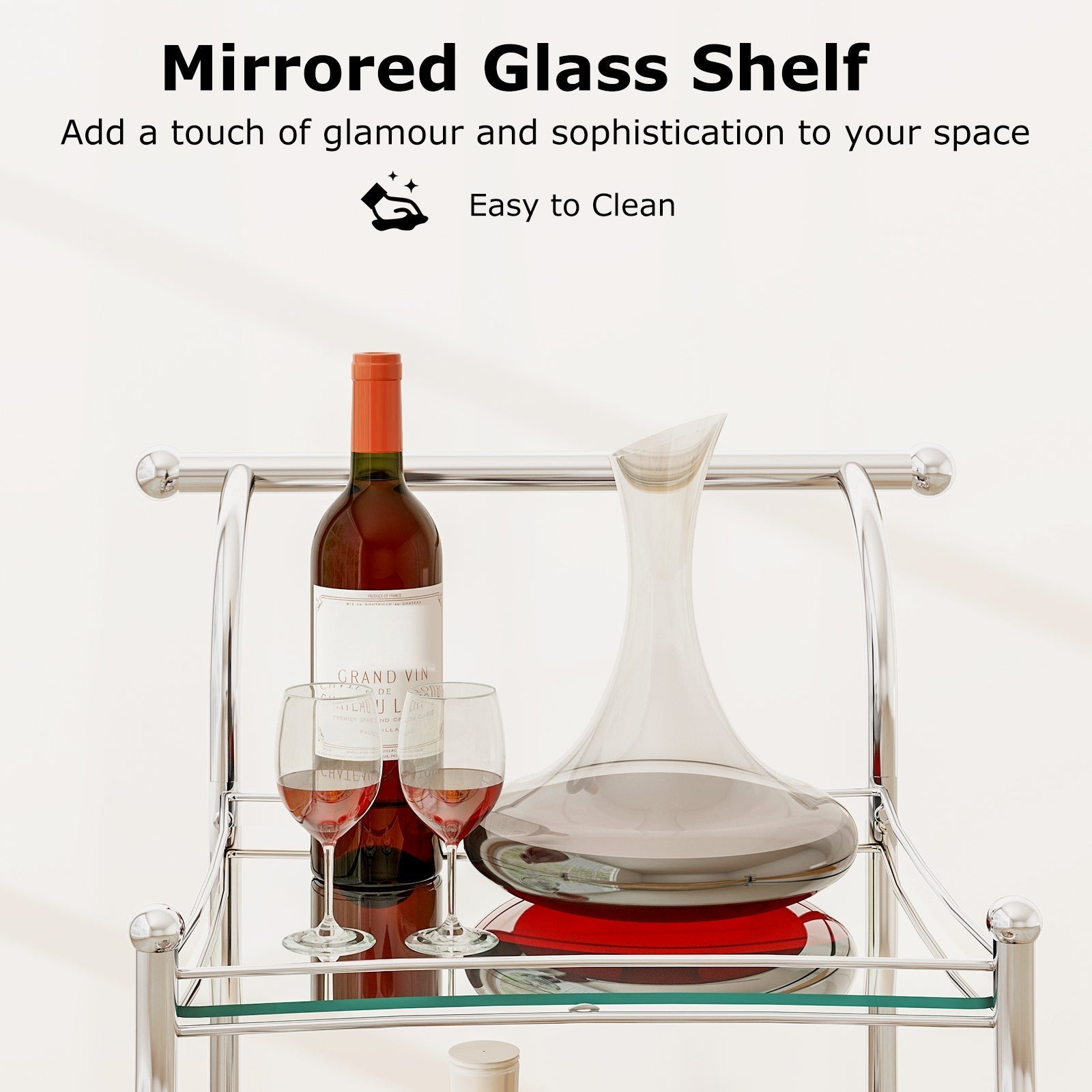 3-Tier Home Bar Serving Cart on Wheels with Mirrored Shelves