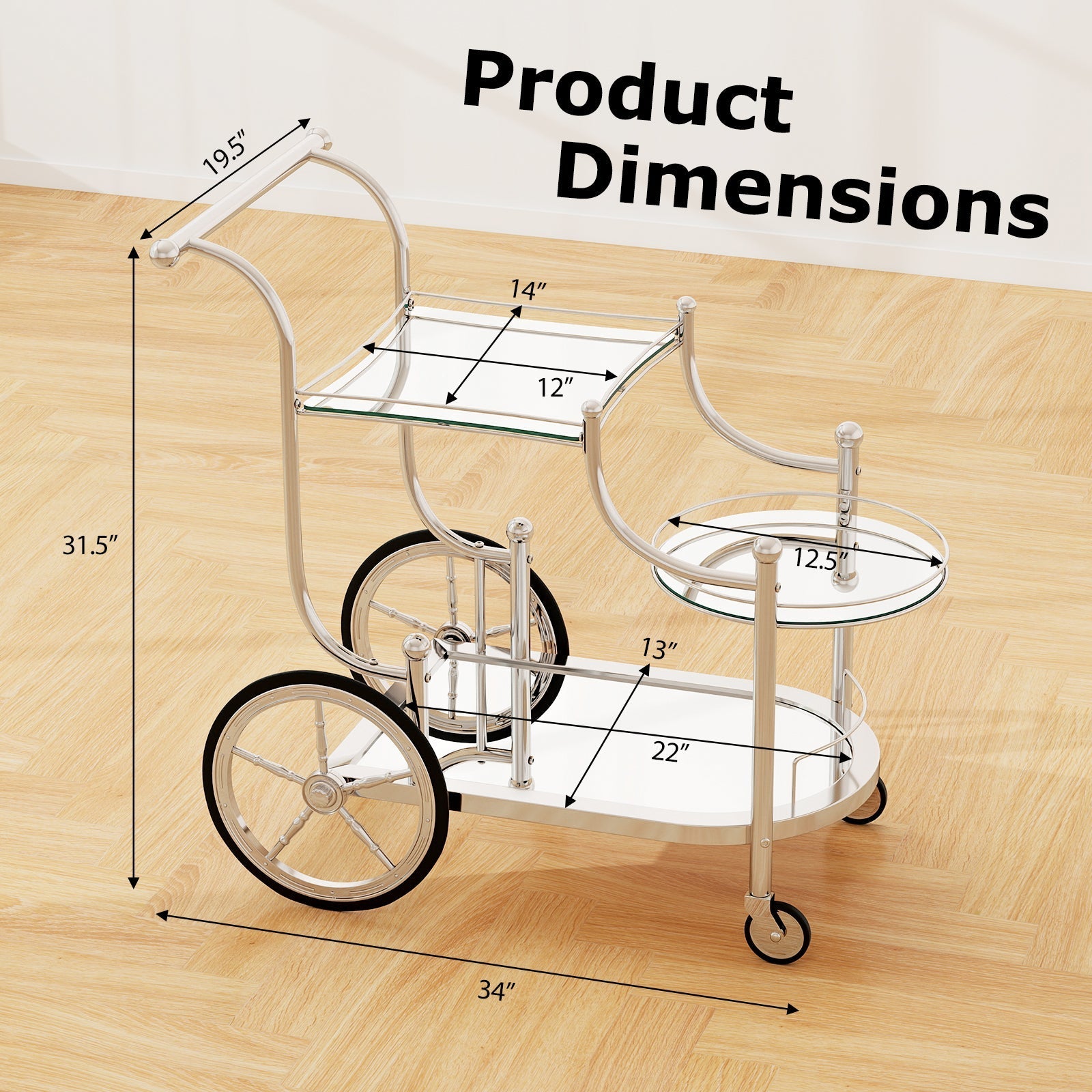 3-Tier Home Bar Serving Cart on Wheels with Mirrored Shelves