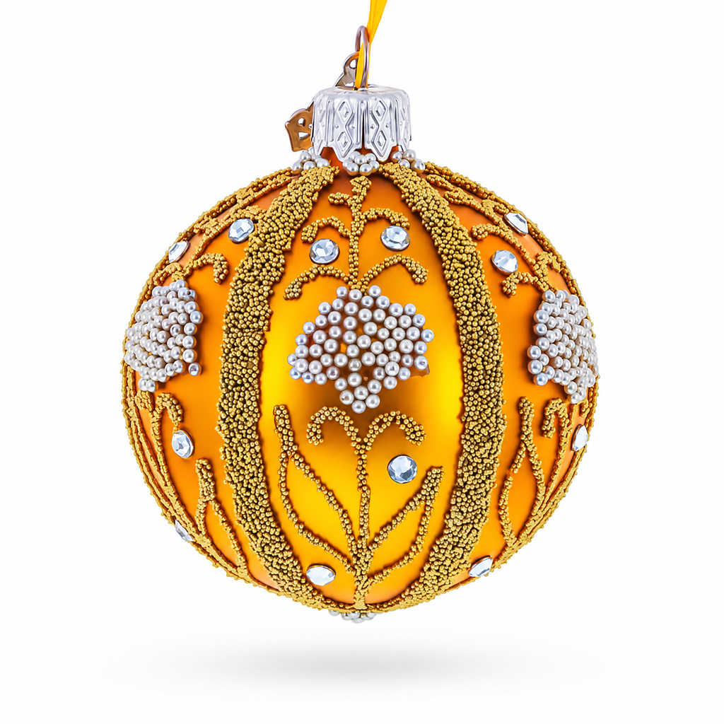 Beaded Floral Panels with White Clusters Glass Ball Christmas Ornament