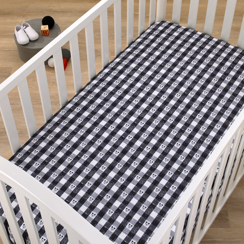 Mickey Mouse - Black, White and Gray Plaid Nursery Fitted Crib Sheet
