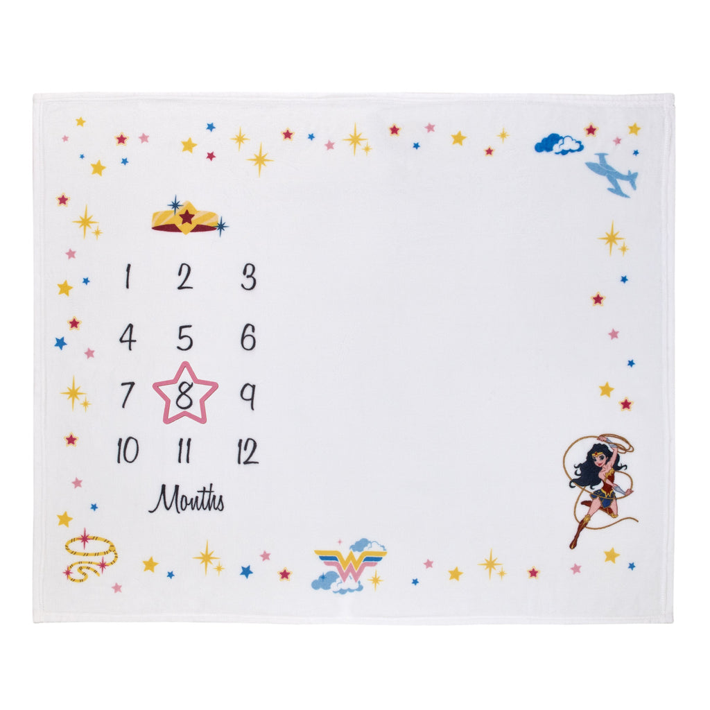 Wonder Woman White and Gold Star-Tiara, Lasso of Truth, and the Invisible Jet Milestone Baby Blanket