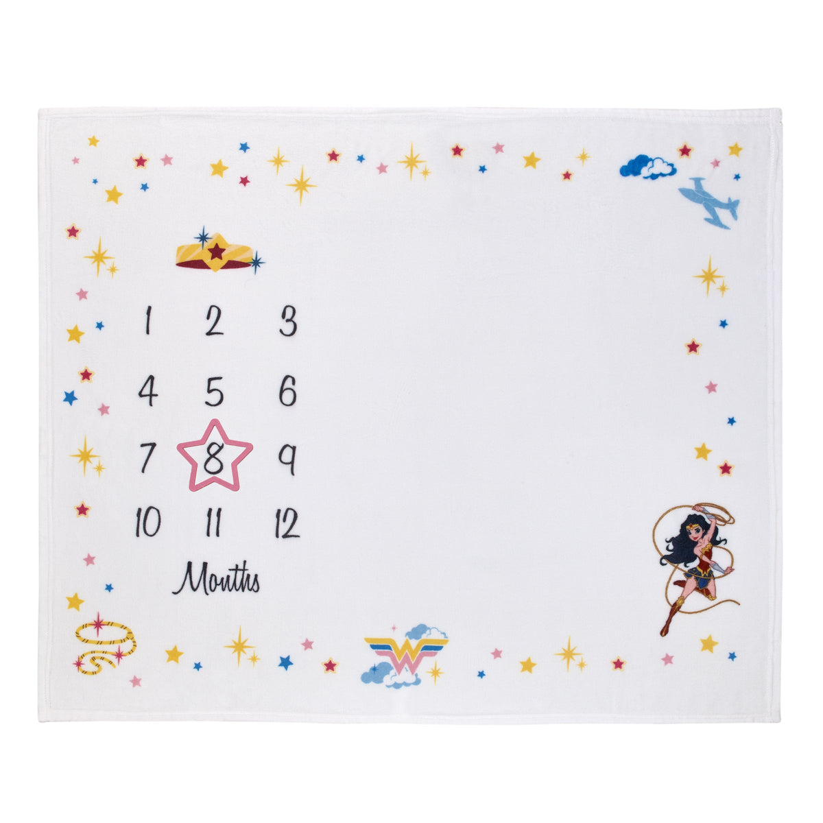 Wonder Woman White and Gold Star-Tiara, Lasso of Truth, and the Invisible Jet Milestone Baby Blanket