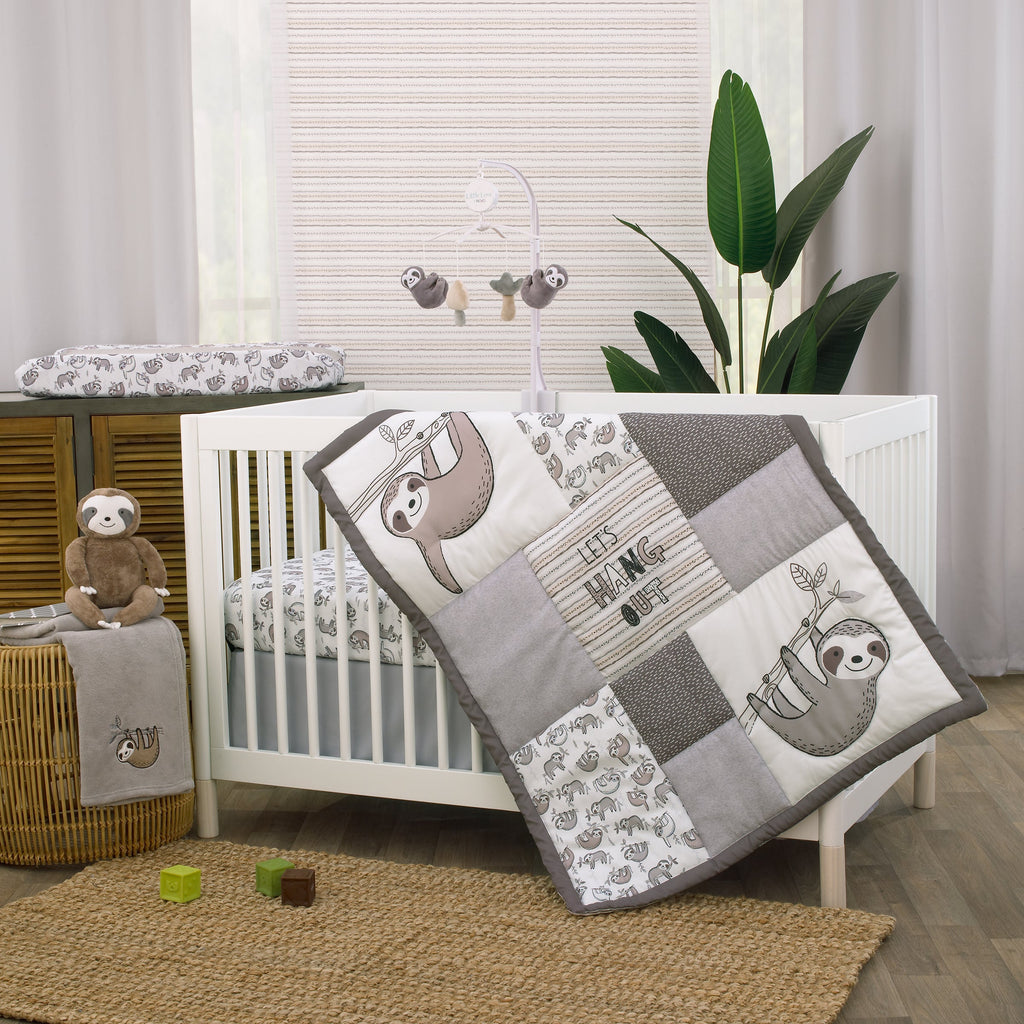 Sloth Let's Hang Out Grey, White and Charcoal 3 Piece Nursery Crib Bedding Set - Comforter, Crib Sheet, Dust Ruffle